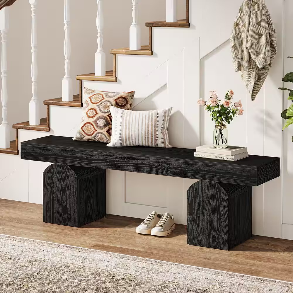 17.72 In. H Black Wood Entryway Bench 59 In. Long Shoe Bench with Arched Bases f