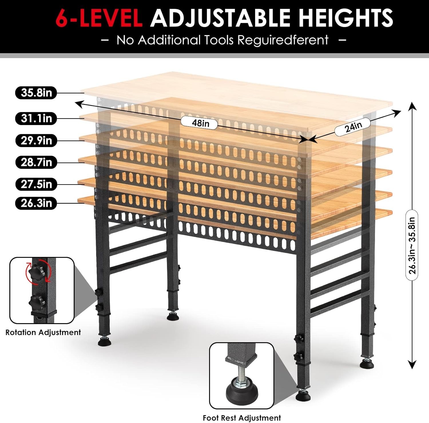 Versatile 48" Adjustable Workbench: 2000 lbs Load + Integrated Power Outlets
