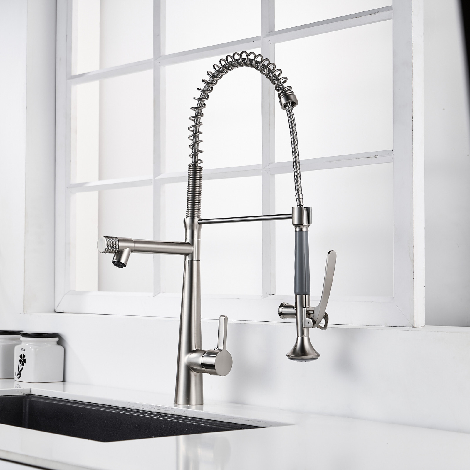 Brass Commercial Brushed Nickel Single Handle Spring Kitchen Faucet Pull Down