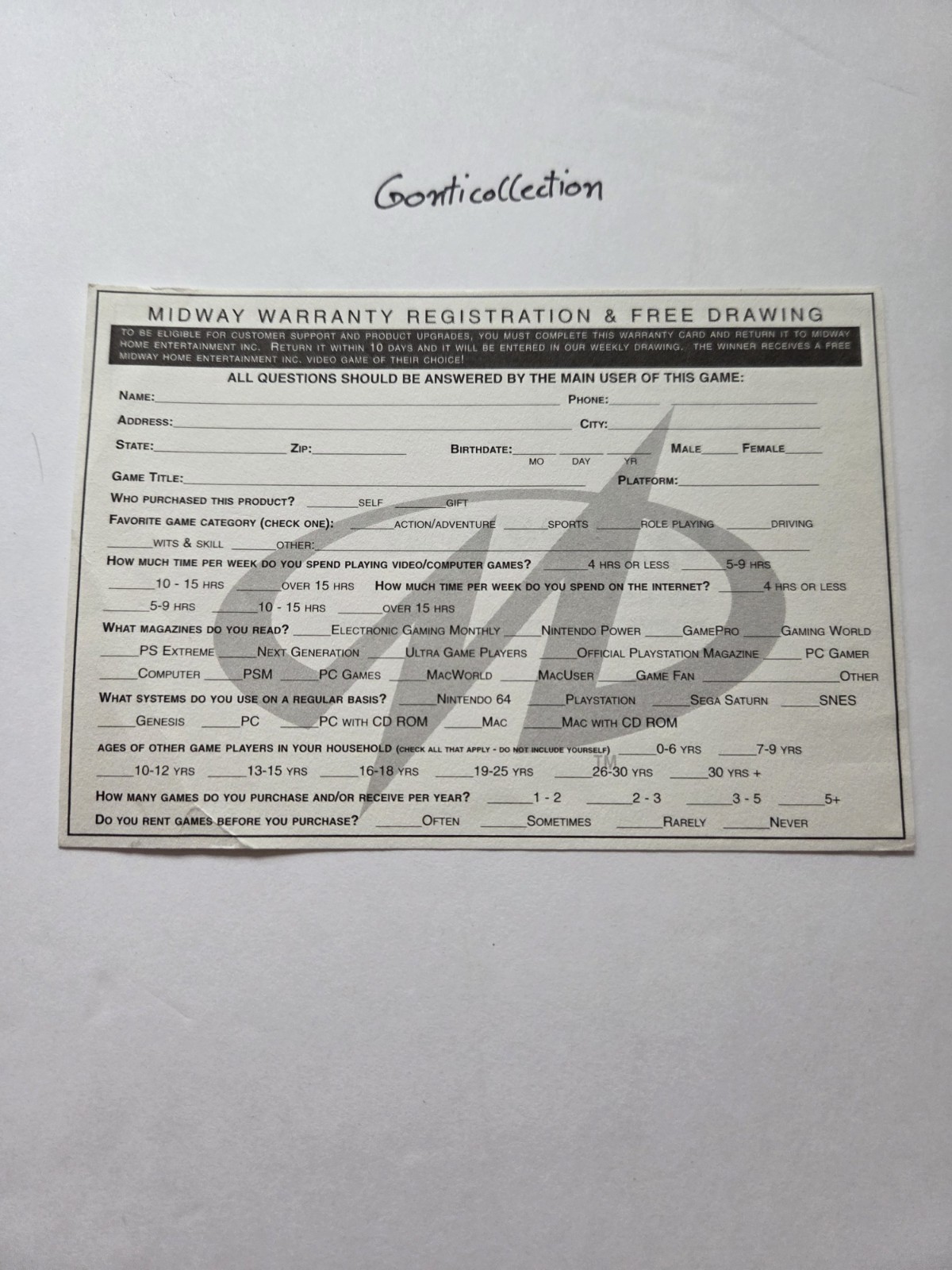 Midway Video Game Company Nintendo Registration Card Insert