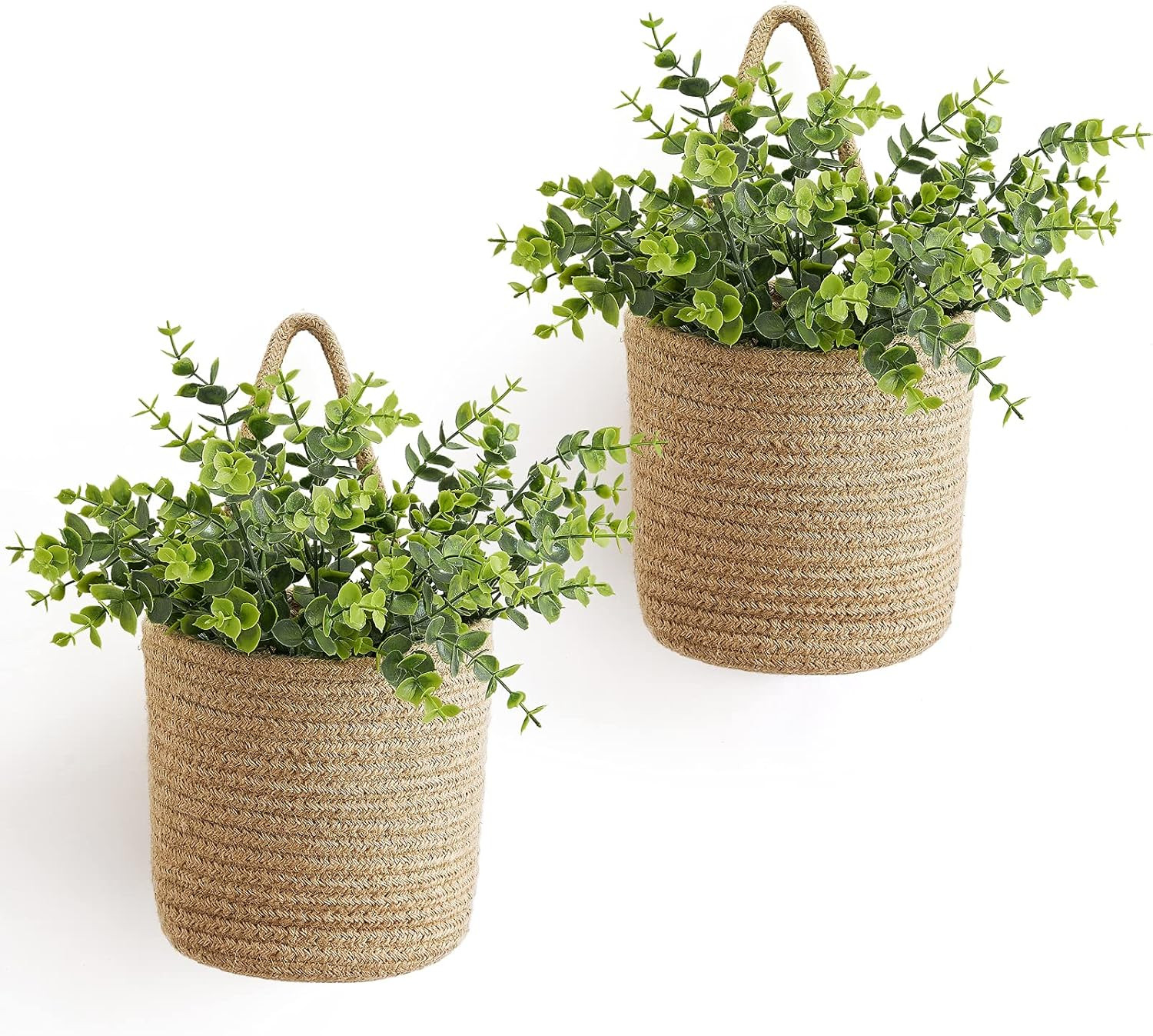 2 Pack Wall Hanging Rope Basket with Artificial Eucalyptus Farmhouse Decor, Jute