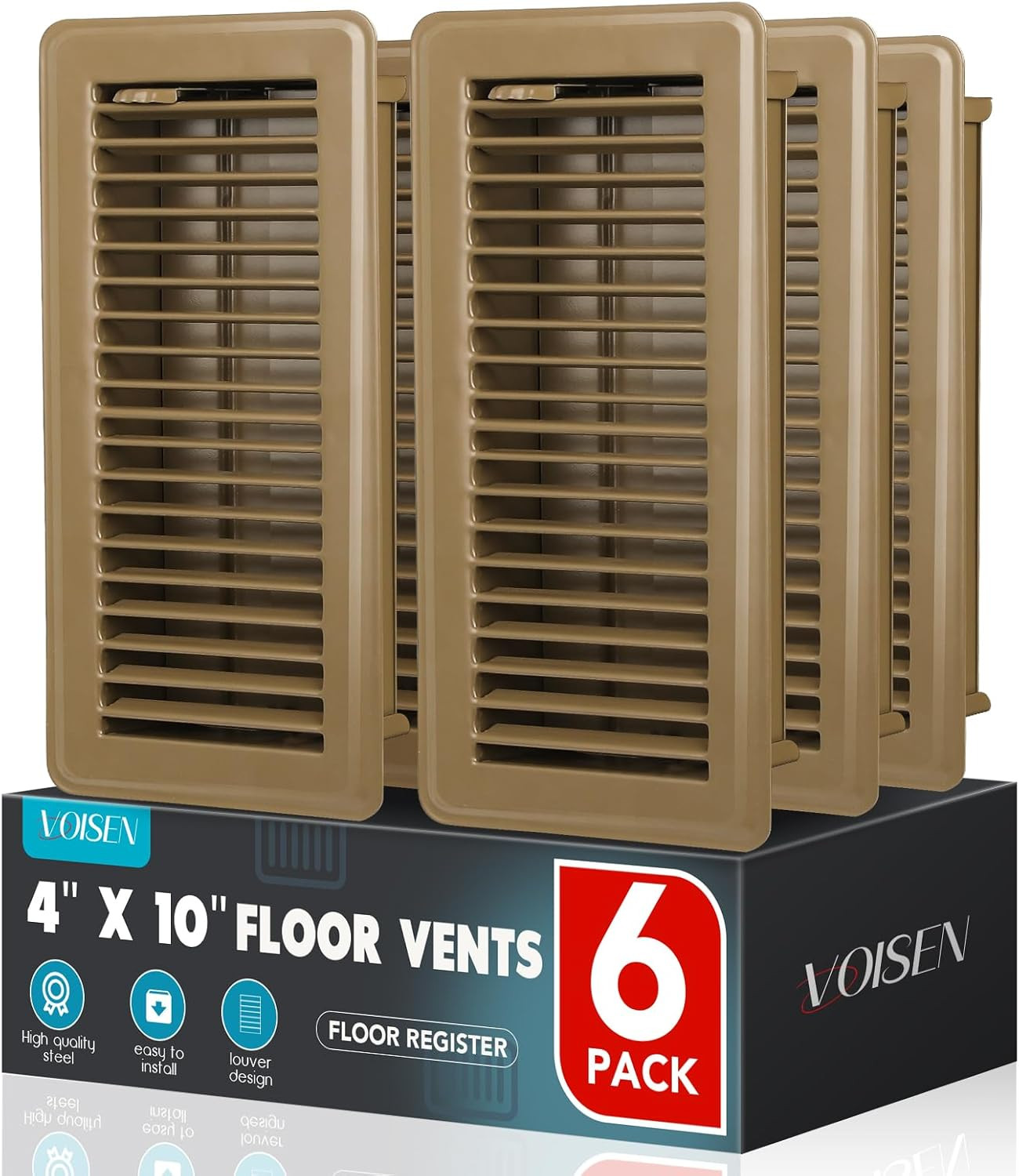 Floor Register 4X10, 6 Pack Brown Floor Vent Covers, Heavy Duty Steel Walkable F