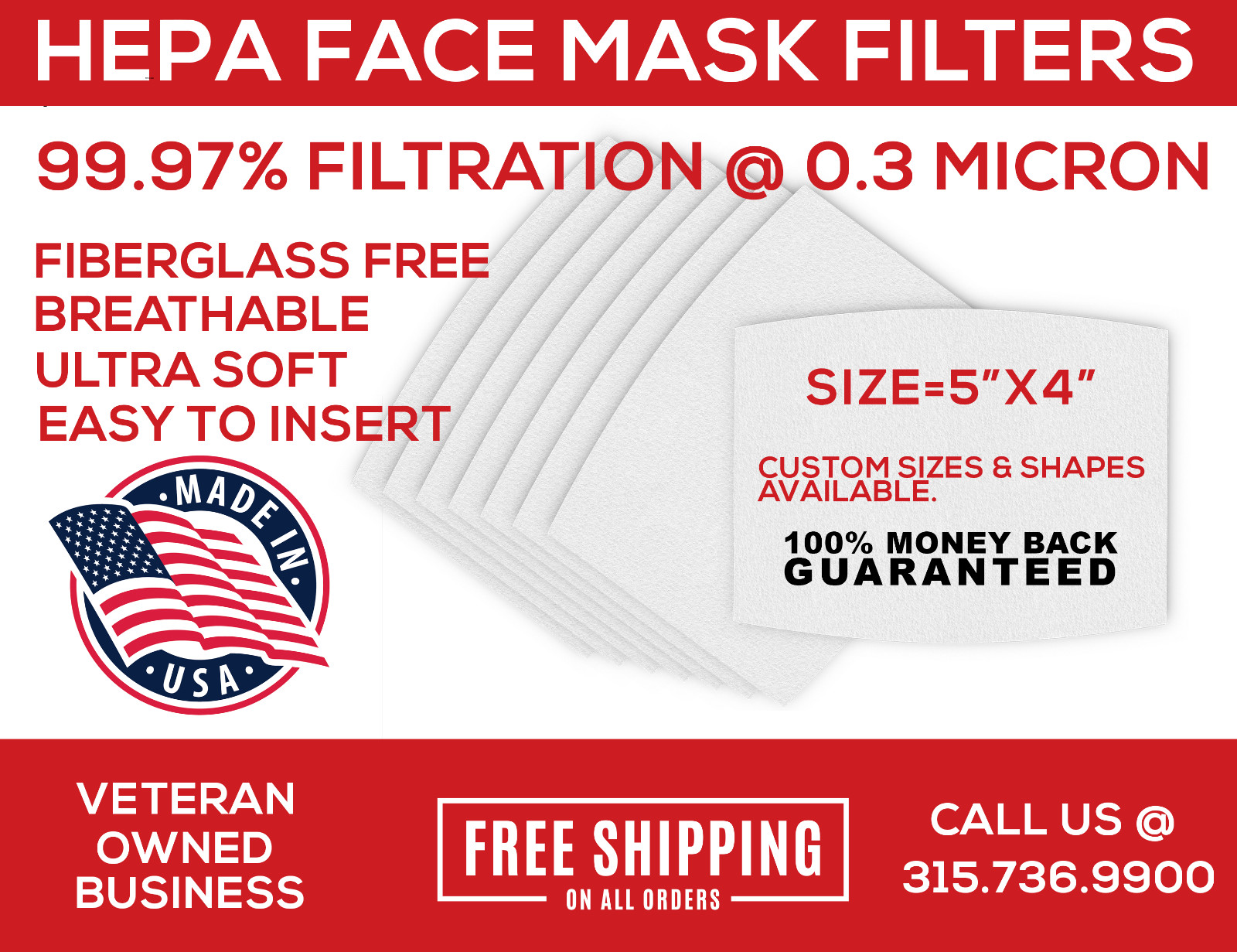 50-PACK Reusable Mask Filters Made in the USA, HEPA H11
