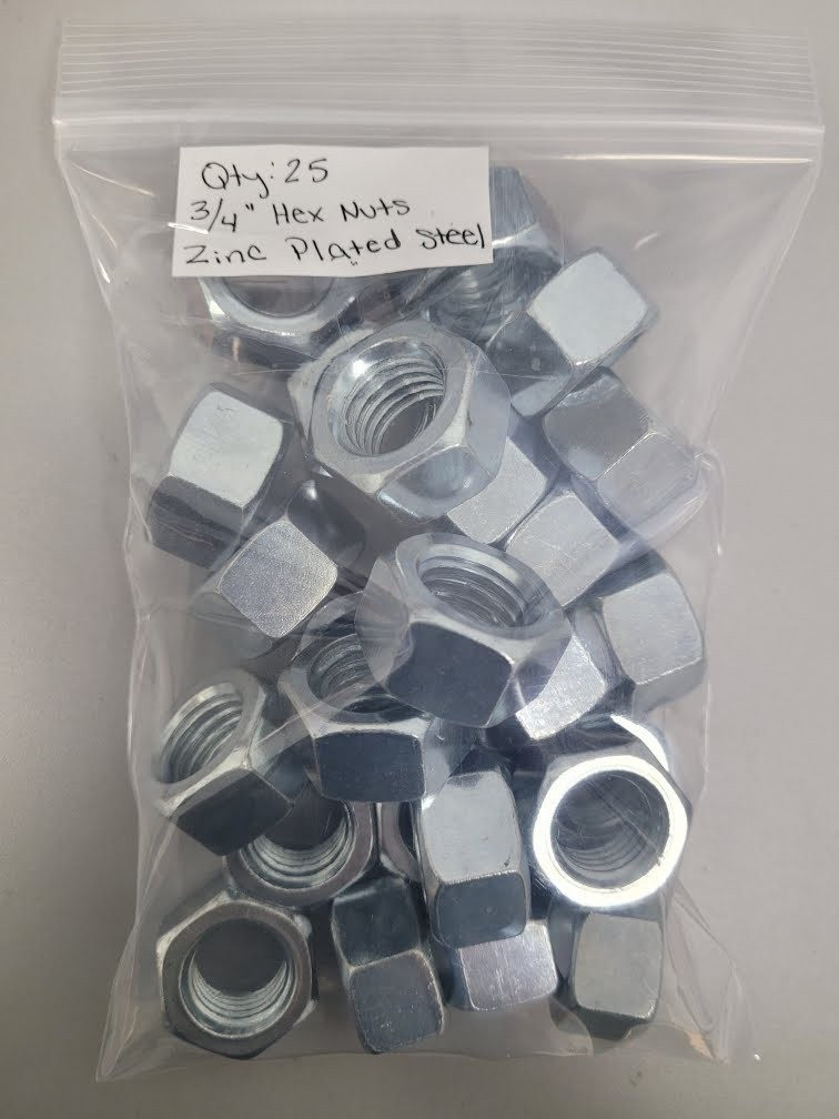 3/4" Hex Nuts, Zinc Plated Steel - Lot of 25