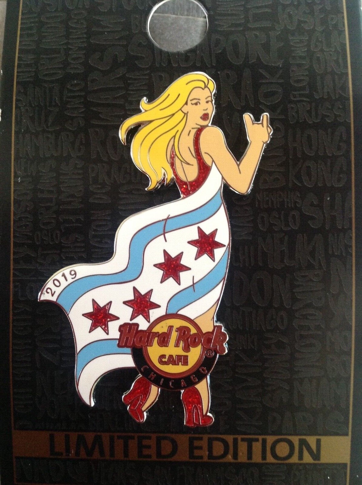 HRC Hard Rock Cafe Chicago Flag Girl Pin 2019, LE 300