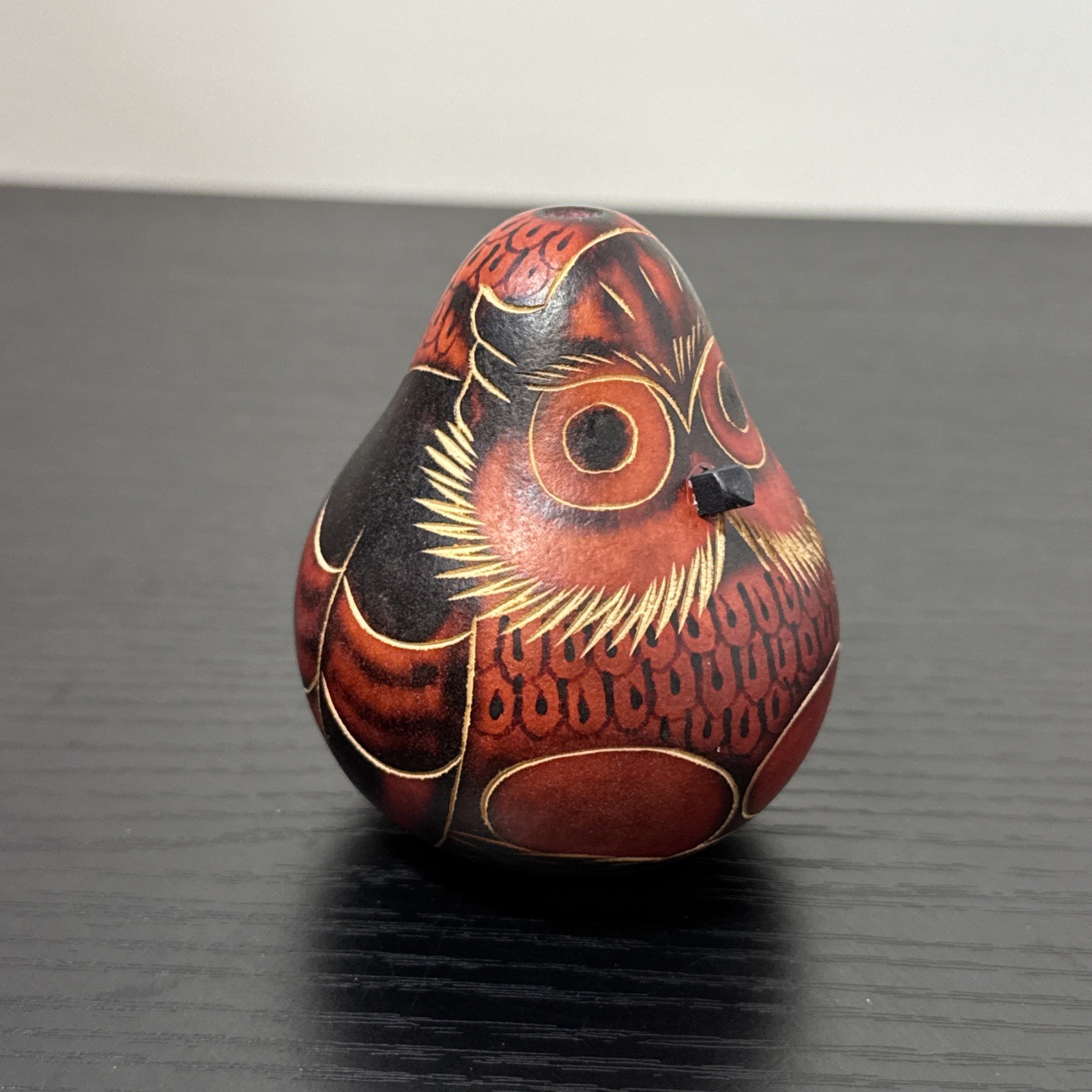 Lucuma RED OWL Natural Gourd Hand Carved PERU Folk Art Rattle 3.25 Inches