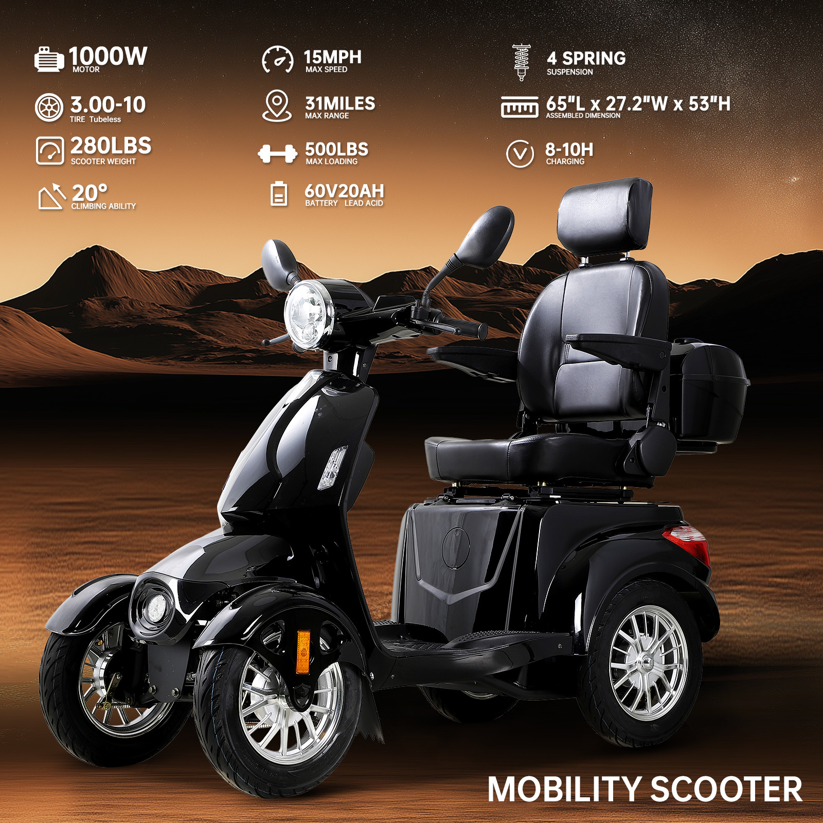 Four Wheels Travel Mobility Scooter 1000W 60V 20A 31 miles for Adult Senior