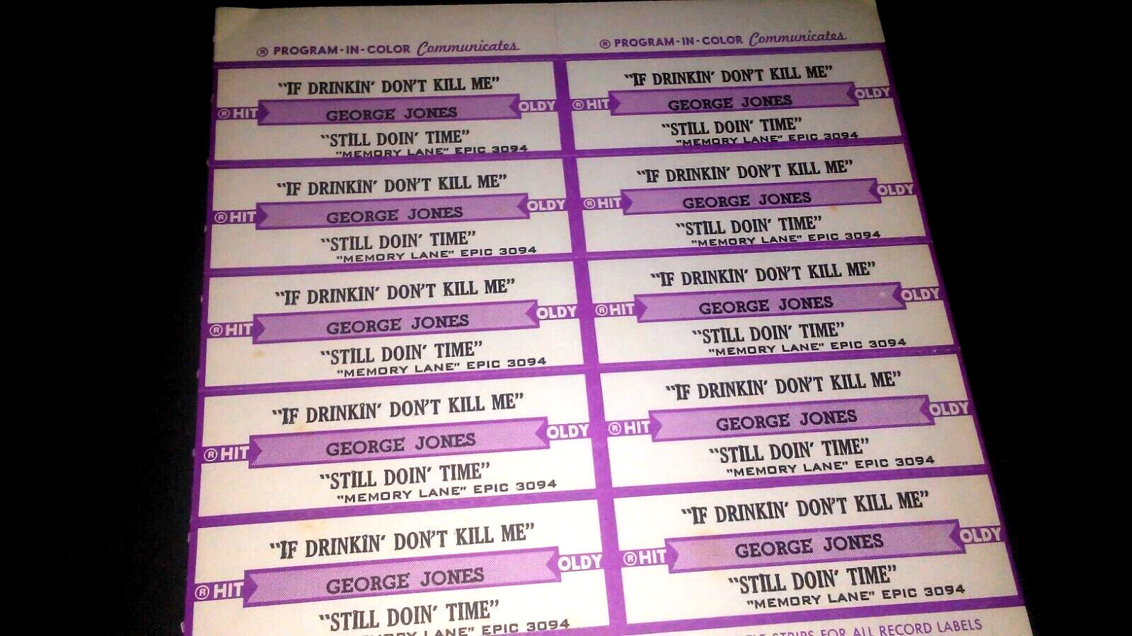 JUKEBOX STRIP (1) GEORGE JONES If Drinkin'..Kill Me/Still Doin' Time 45-L@@K!