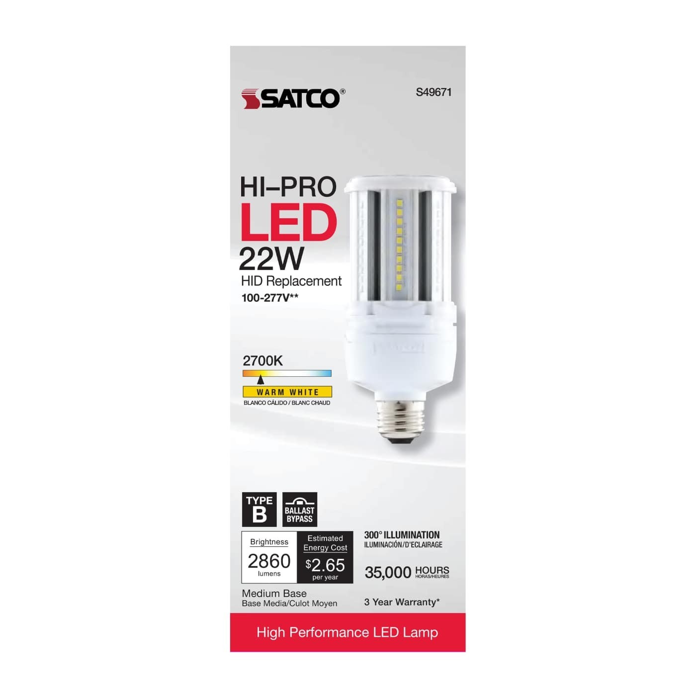 Satco S49671 - 22 Watt LED HID Replacement Corncob Bulb - 2700K (1 or 3 PACK)