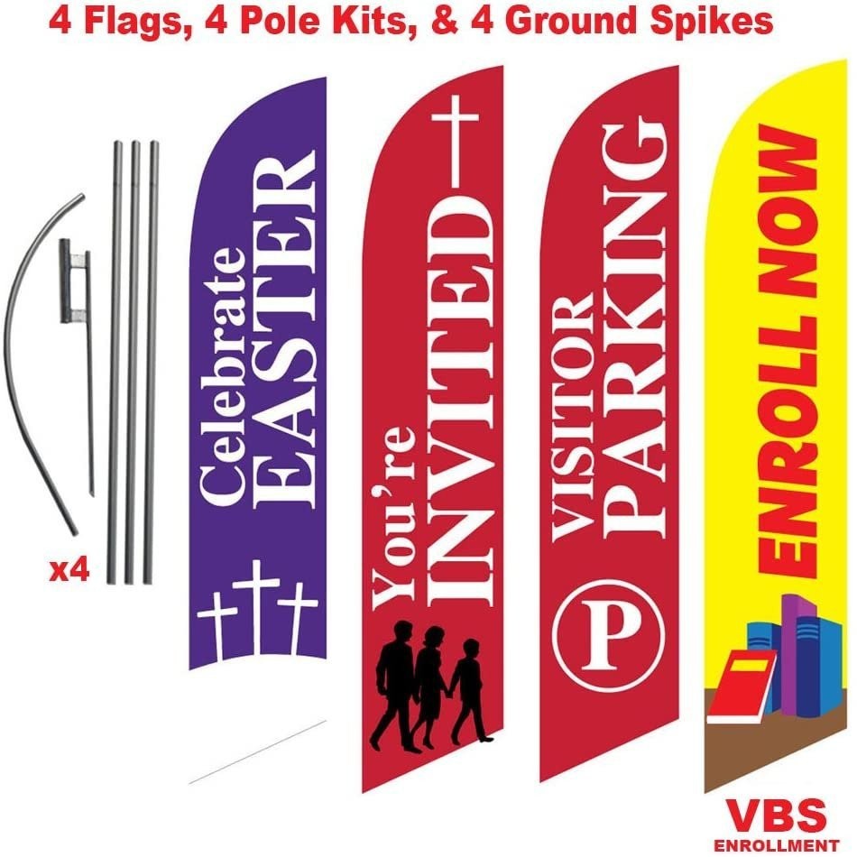 Four Pack Church Welcome Flags, Celebrate Easter, You're Invited, Visitor...