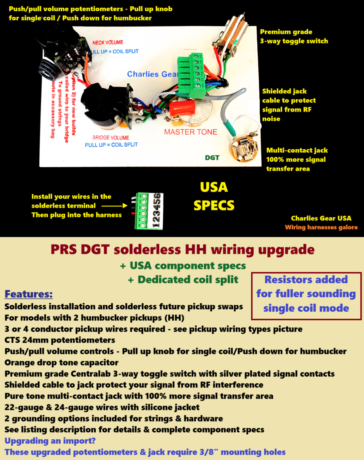 PRS DGT Solderless HH Wiring Upgrade +Dedicated Coil Split +Resistors +USA Spec