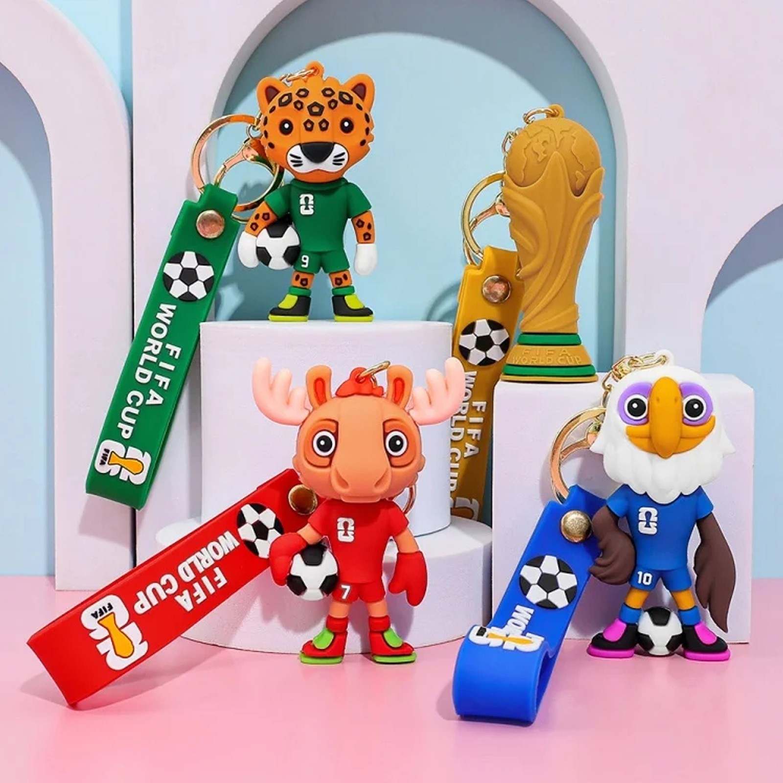 Set 4 Llaveros Mascota Mundial 2026 + Trofeo – Souvenir Fútbol PVC