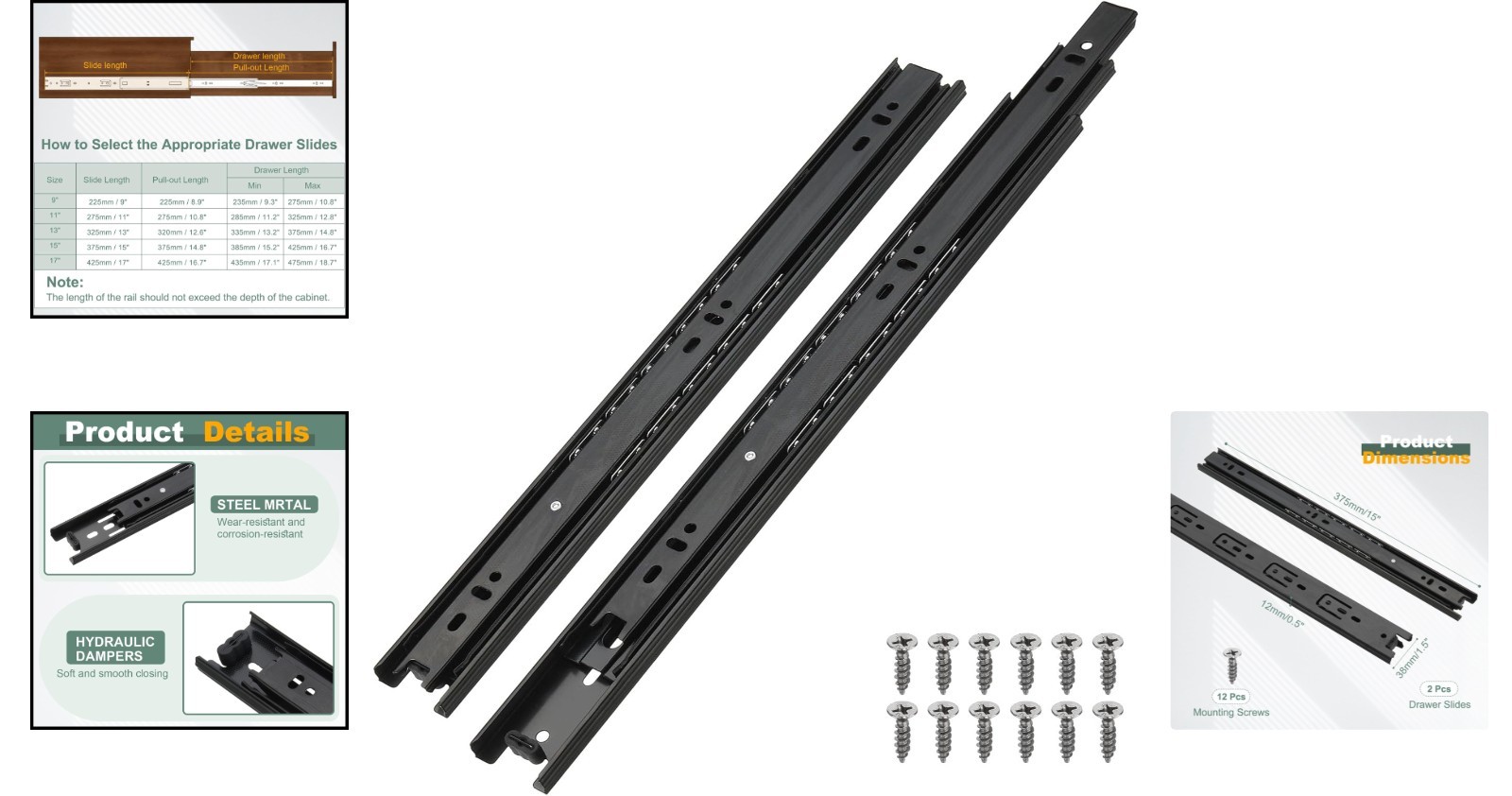 15 x 1.5 Inch Drawer Slides, 2Pcs Steel Full Extension Ball Bearing Side Moun...