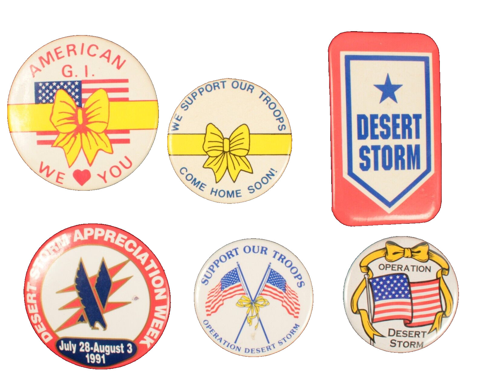 6 Desert Storm Pin Buttons Patriotic Theme Excellent Condition