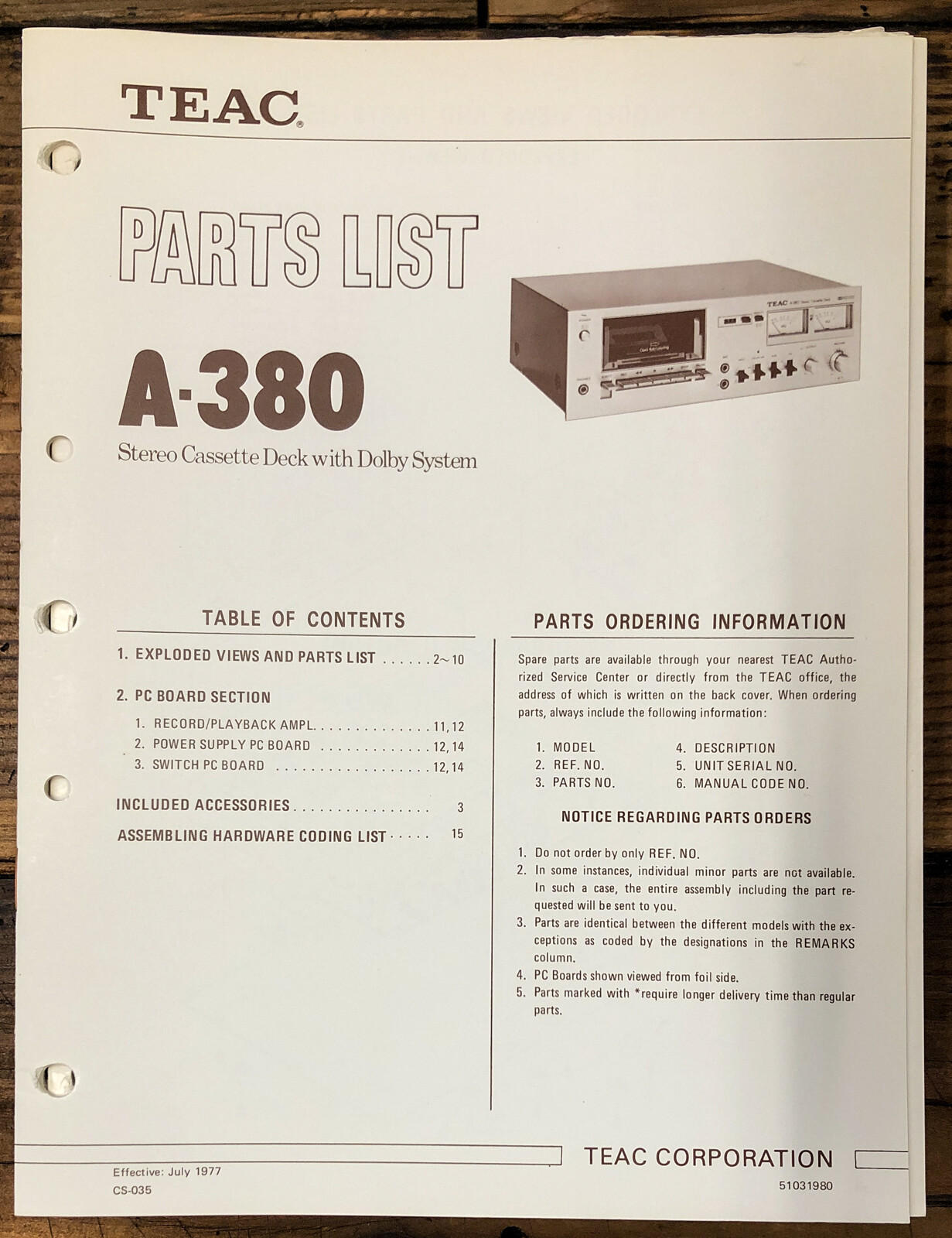 Teac A-380 Cassette Parts List Manual  *Original*