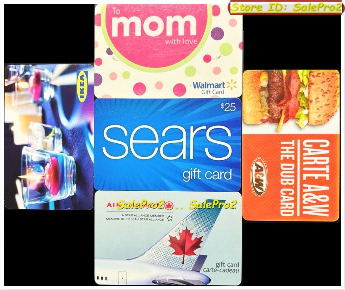 5x WALMART TO MOM WITH LOVE IKEA AIR CANADA SEARS B&W COLLECTIBLE GIFT CARD LOT