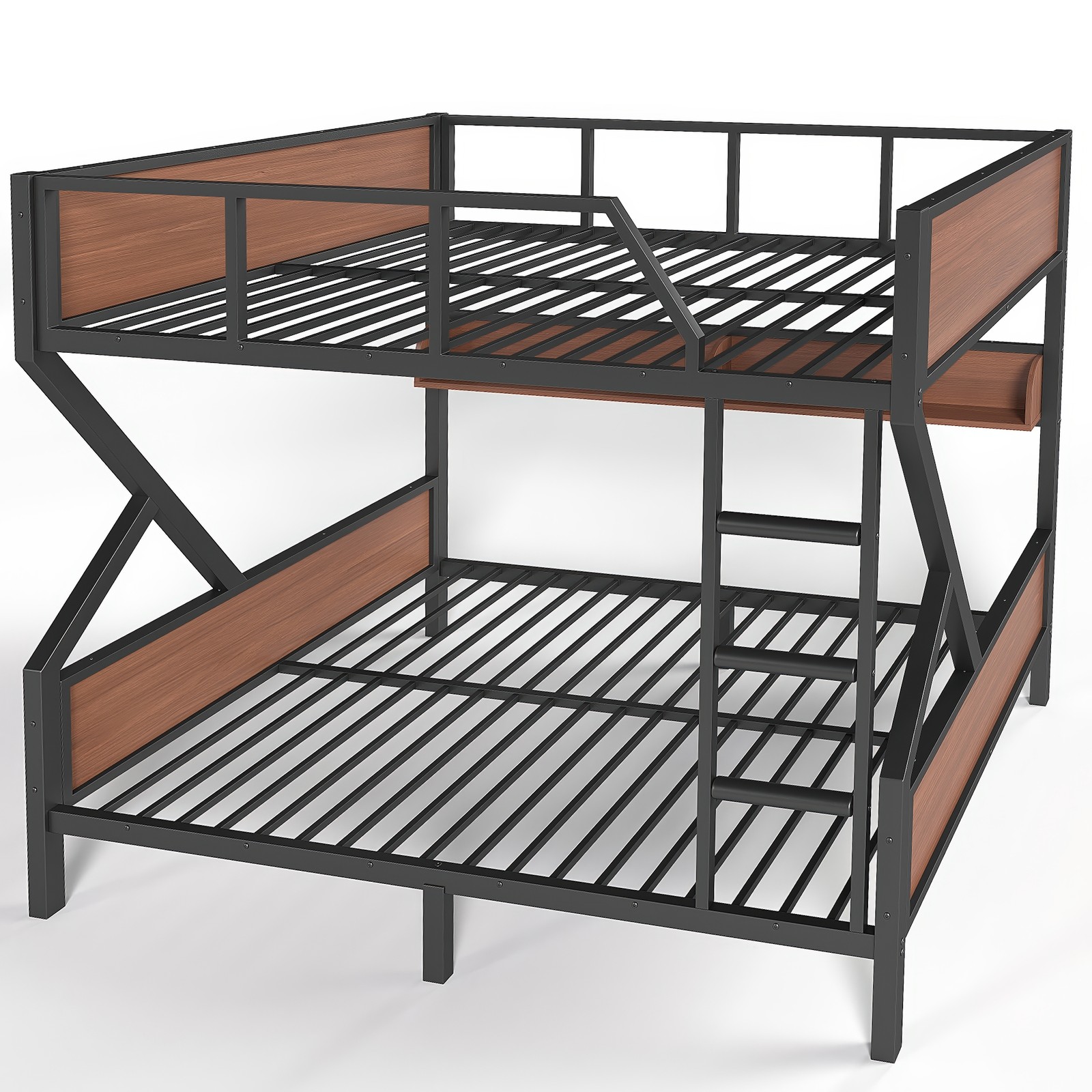 Metal Full over Full Bunk Bed with Storage Shelves Lights Space-saving Black New
