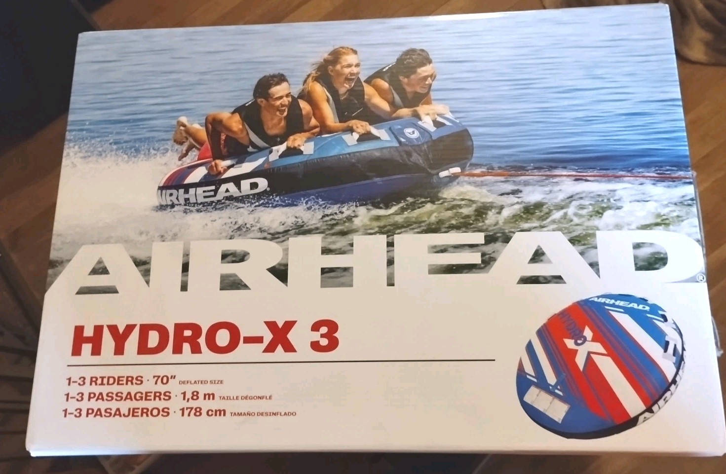 Airhead WMT322 Hydro X 1-3Person Towable Tube for Boating Blue+White+Red 70" NEW
