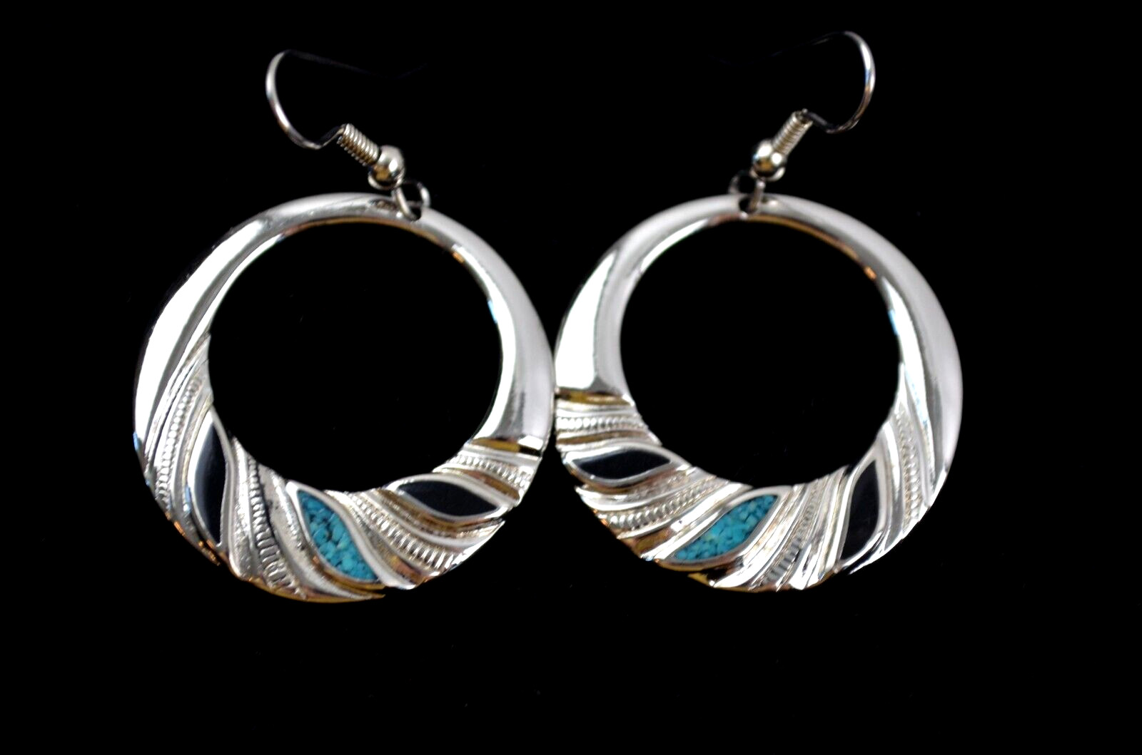 Vintage Silver Tone Open Center Hook Earrings  1.25" Across