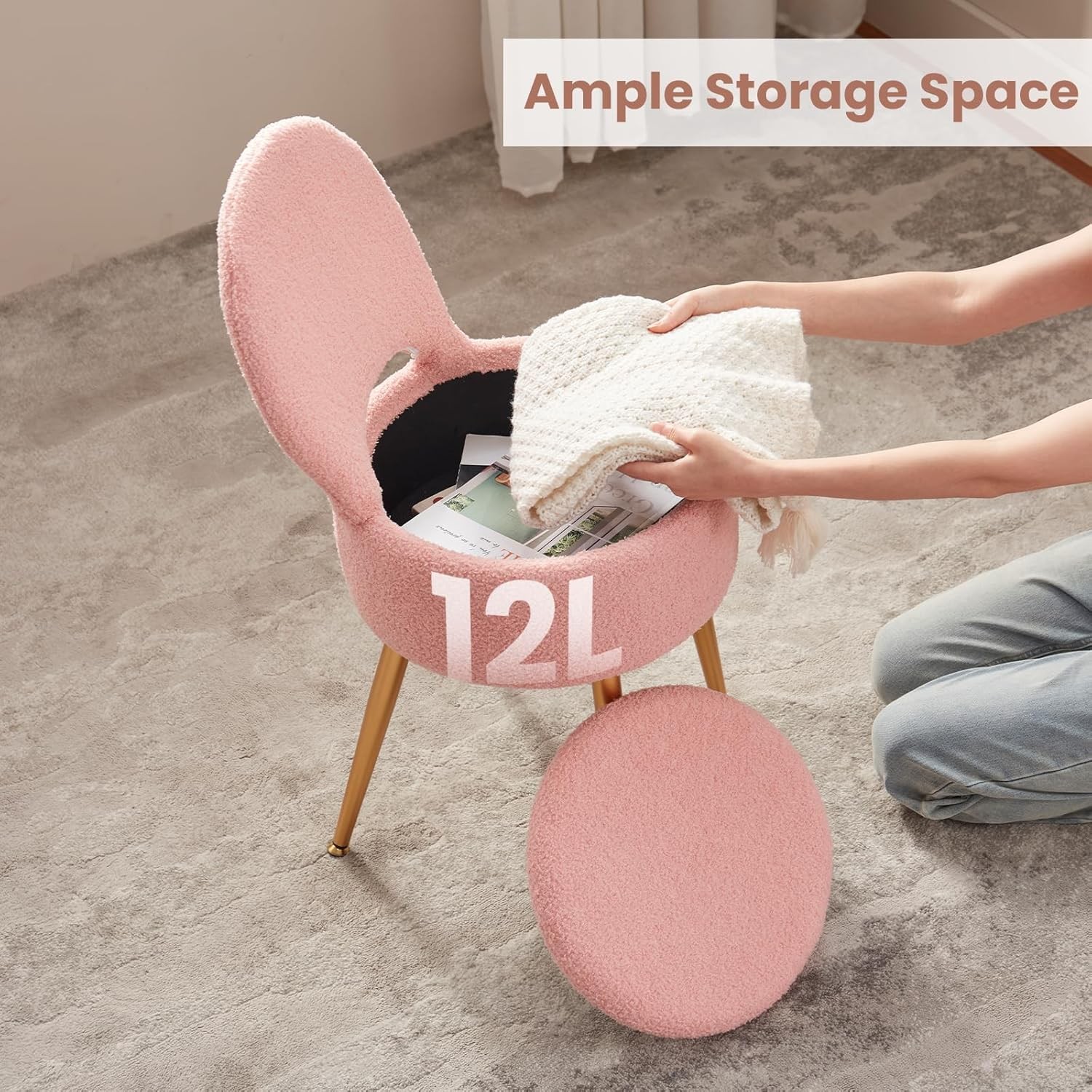 Small Vanity Stool Chair W/ Storage & Folding Back,4 Metal Legs W/ Anti-Slip