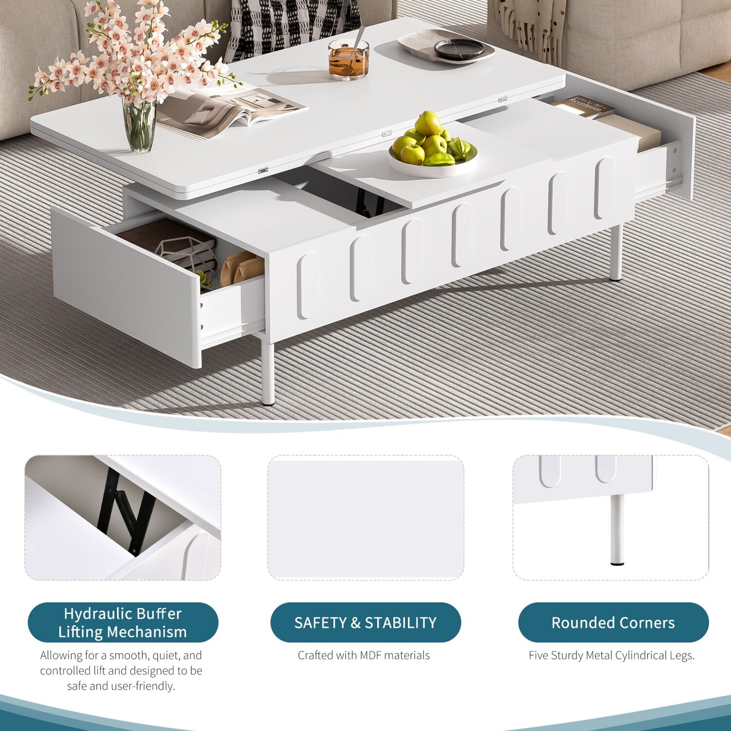 Modern Lift Top Coffee Table Center Cocktail Table with Foldable Top & 2 Drawers