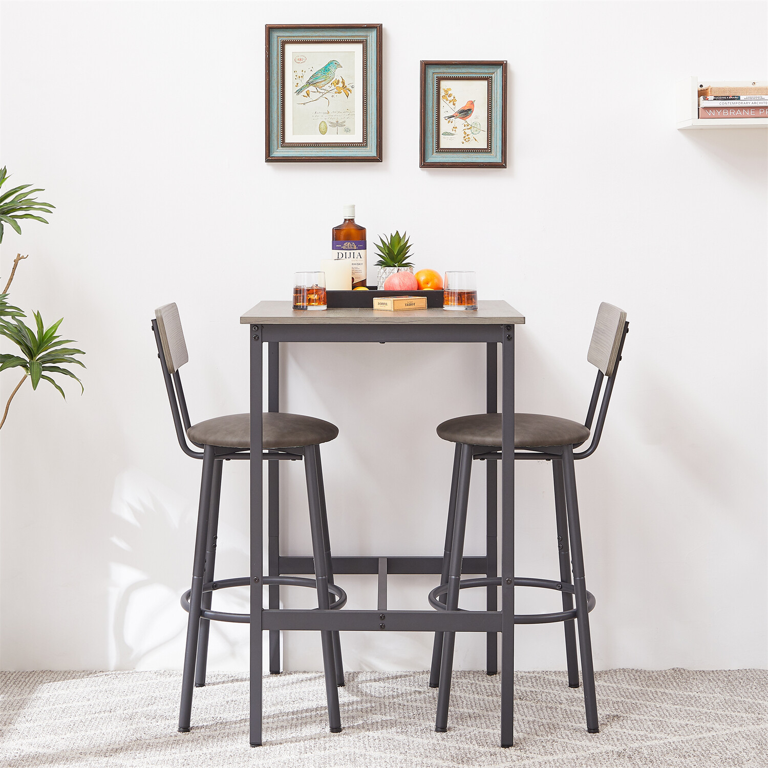 3 Piece Bar Table Set Counter Height Dining Kitchen Table with 2 Bar Stool Grey