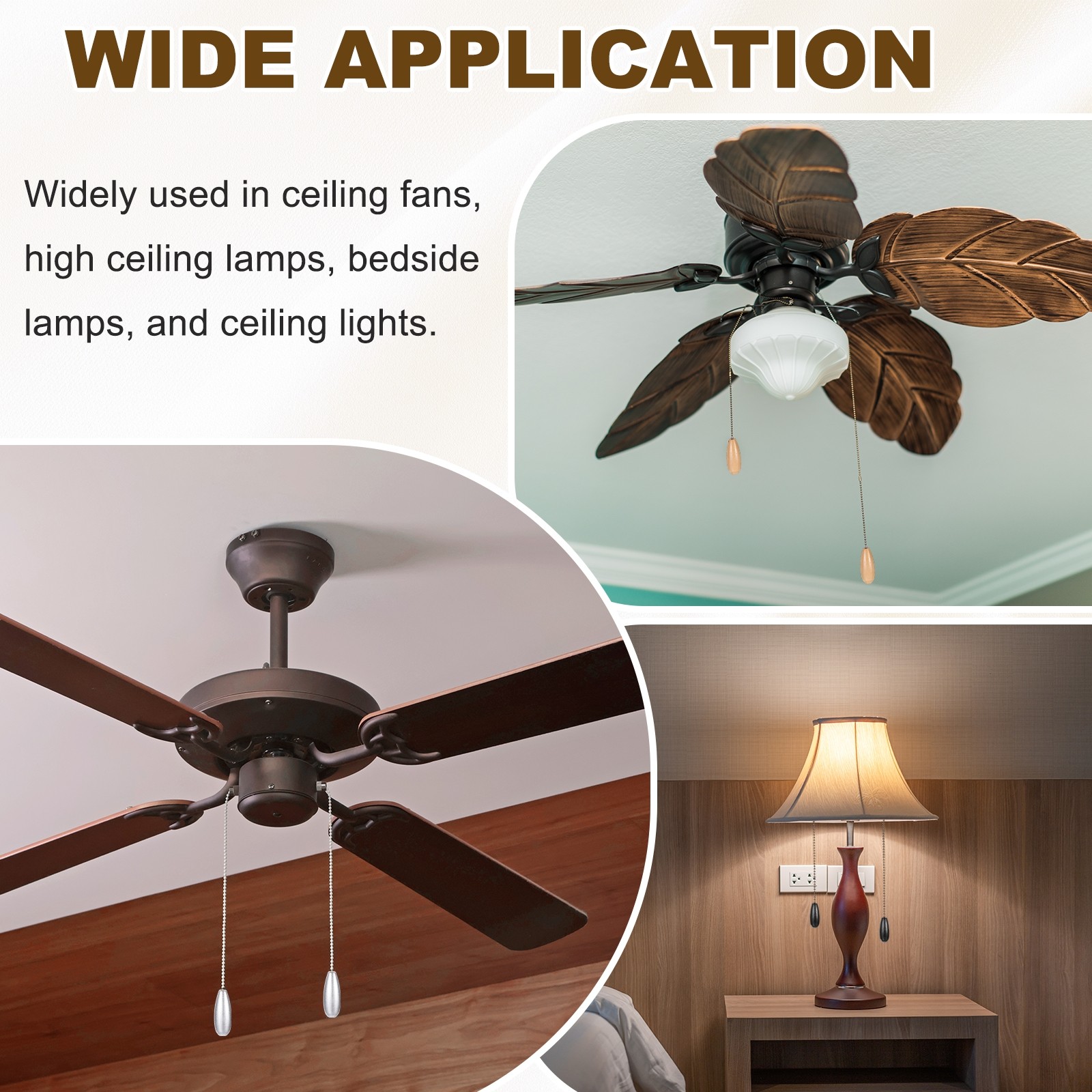 Wooden Ceiling Fan Pull Chain, 4Pcs 12" Pendant Extension Chains, Black, Silver