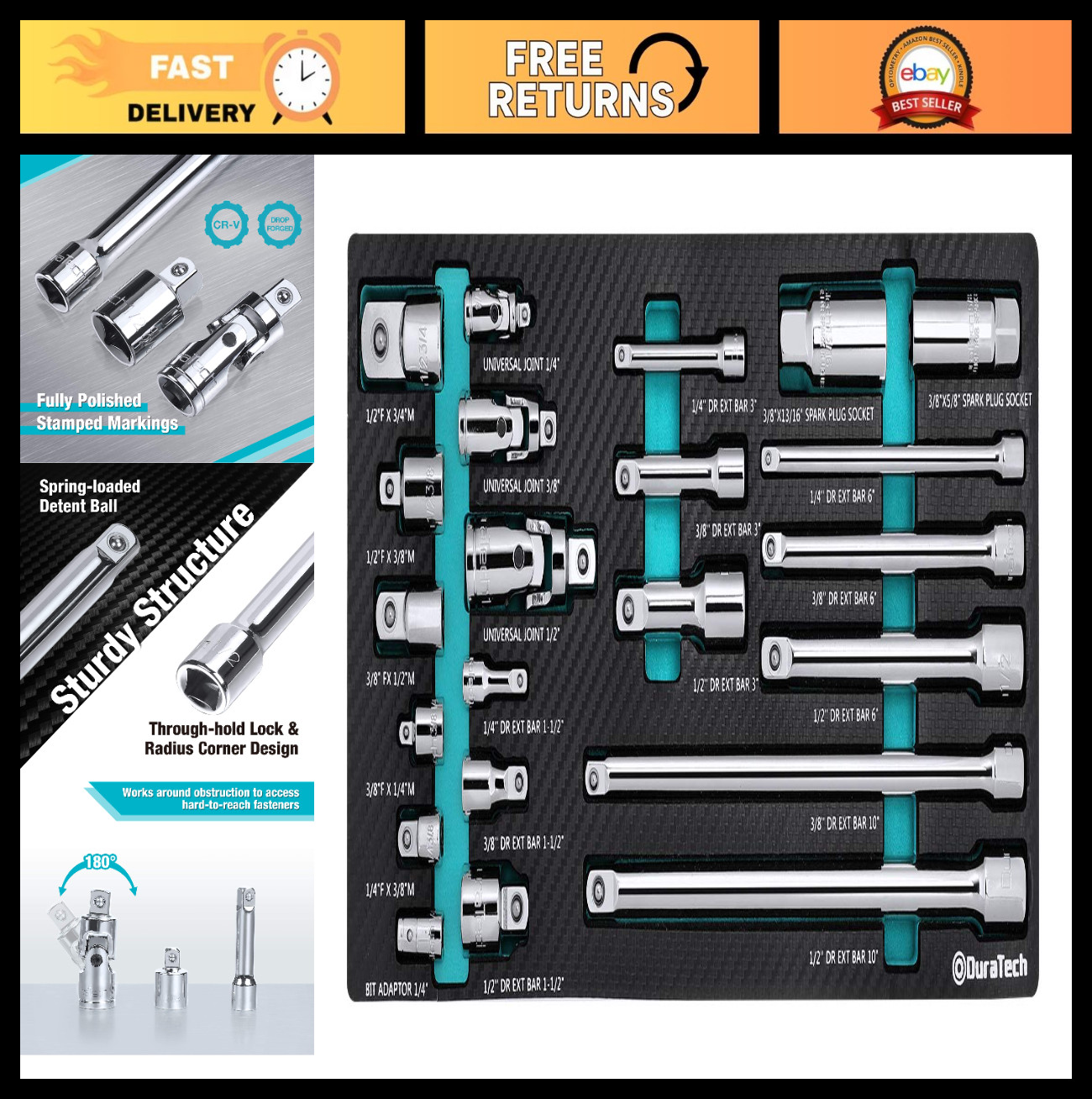 22-Piece Drive Tool Accessory Set - Cr-V Steel, Extensions, Adapters, Spark Plug