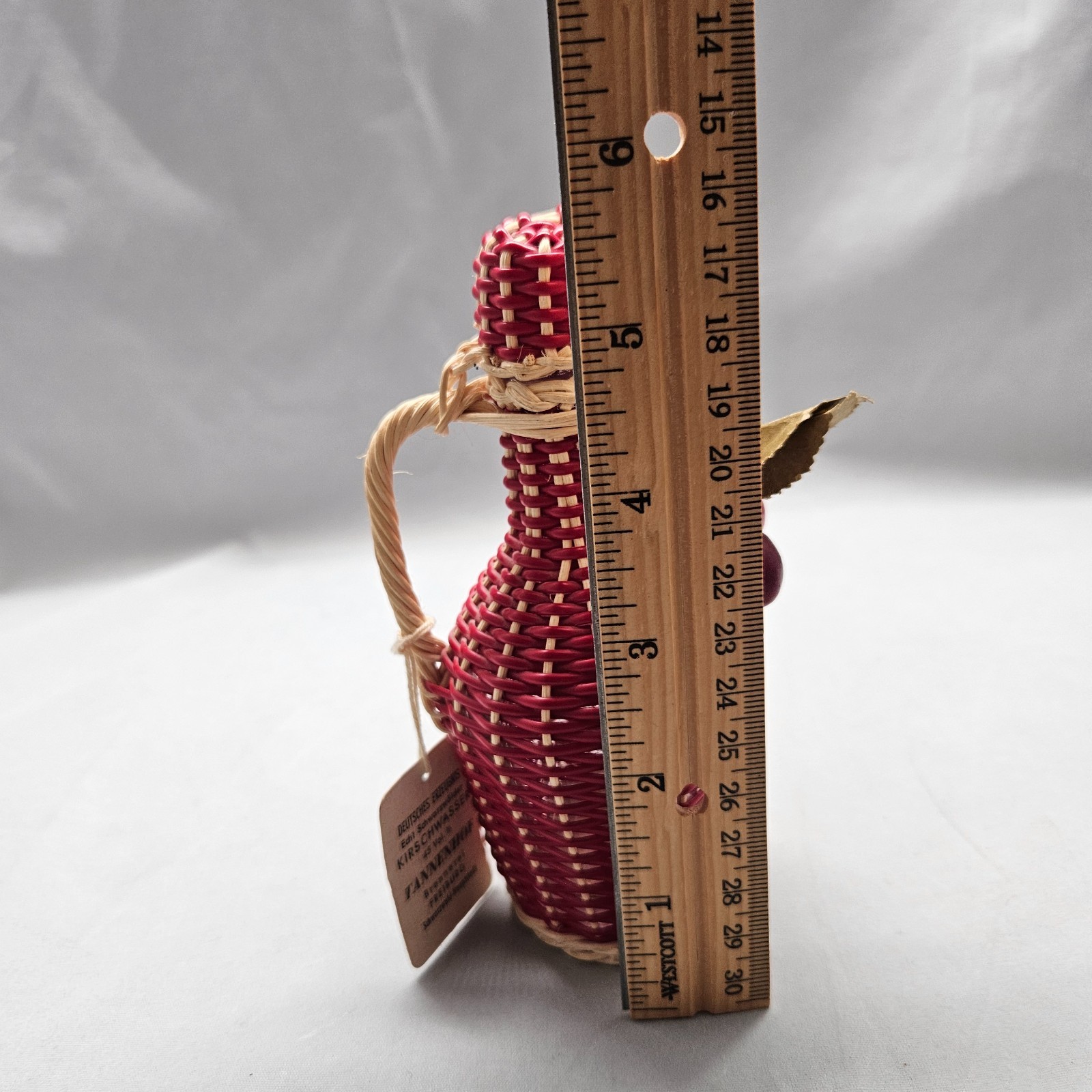 Vintage Empty Red Wicker Wraped Cherry Brandy Glass Bottle Blackforest Germany