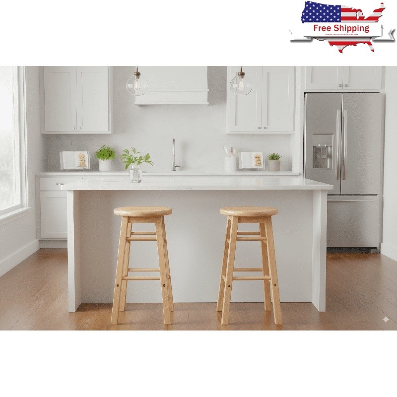 Set of 2 Backless Wooden Barstools Indoor Comfortable Durable Rubberwood Seating