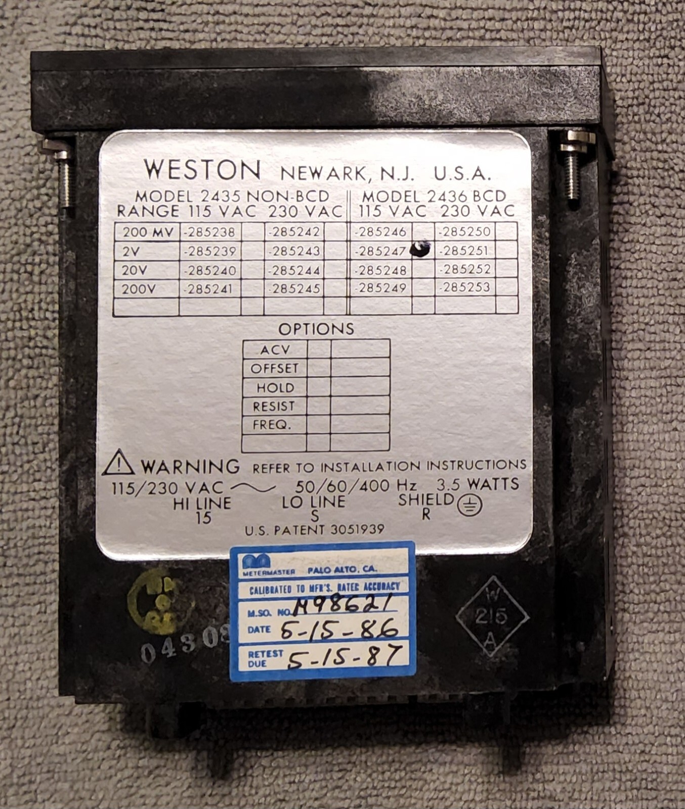 NEW WESTON LED DIGITAL PANEL METER 2436-285247 / 2436285247 METERMASTER