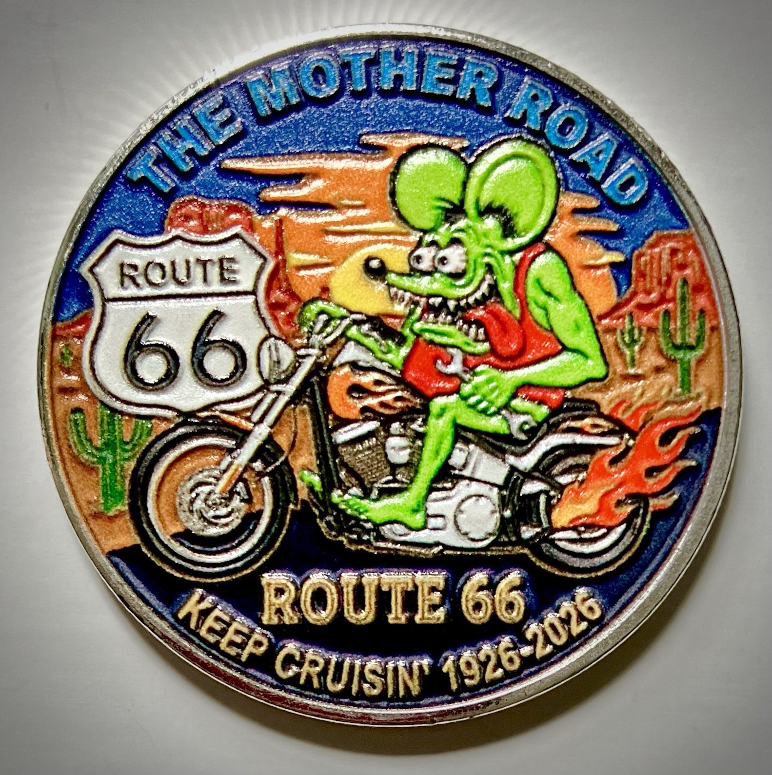 Rt. 66 Rat Fink Challenge Coin-3D-Silver Colored-New-Hot Rod-Motorcycle