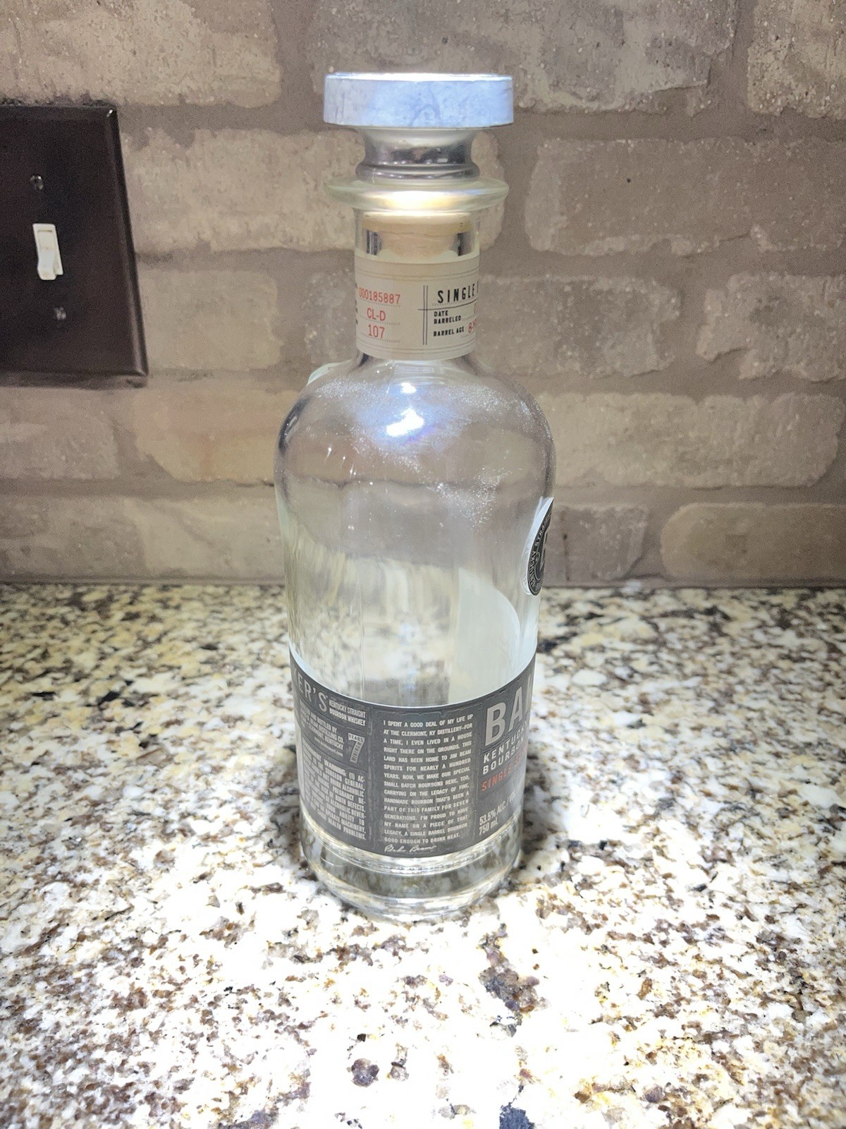 Baker's 107 Proof Single Barrel 7 Year - Empty Bourbon Bottle