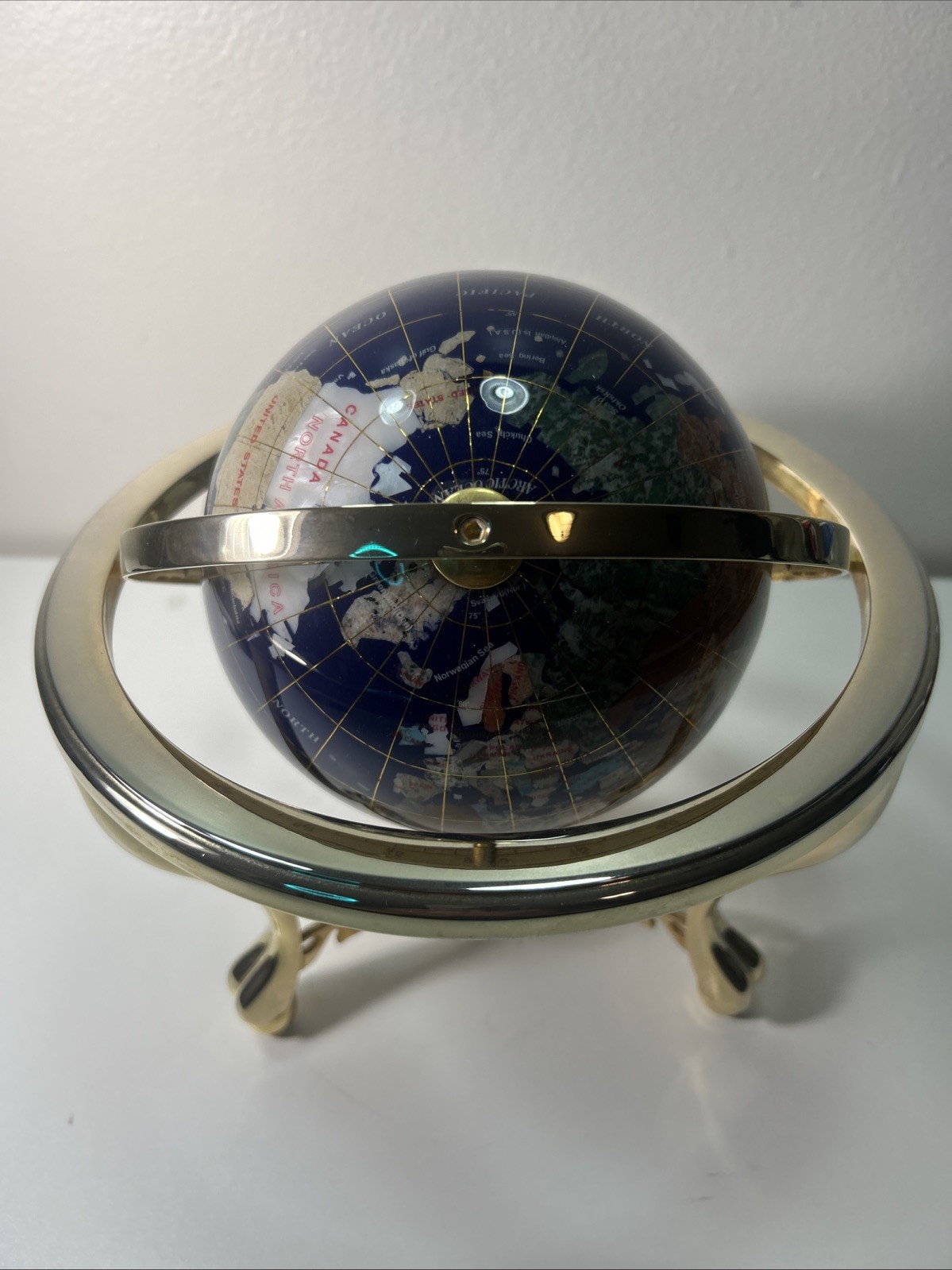 Globe Blue Ocean Gold Tone 3 Leg Table Stand Gen MOP World Map GEM STONE