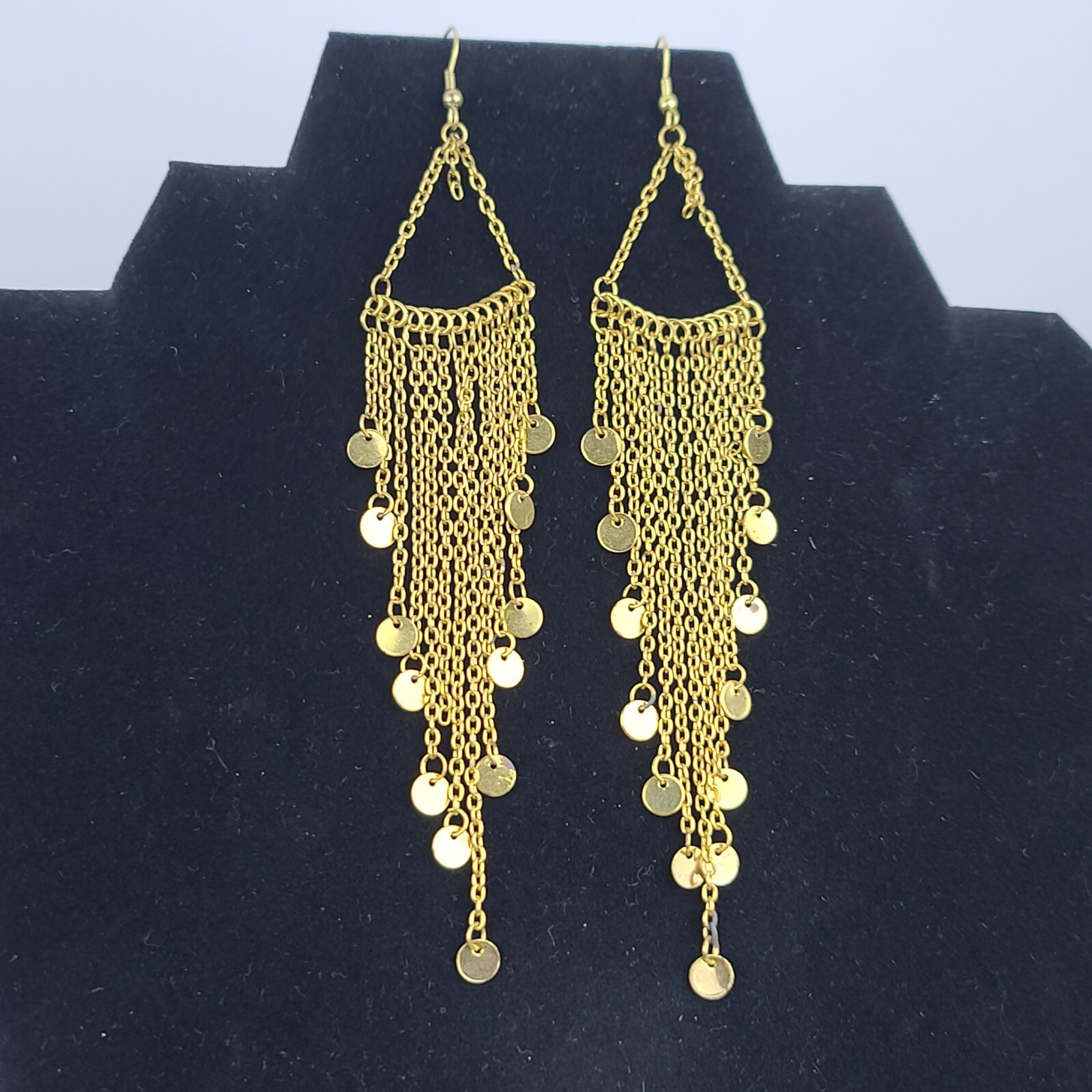 Gold Tone Fringe Beaded 6" Graduated Dangle Chandelier Pierced Earrings