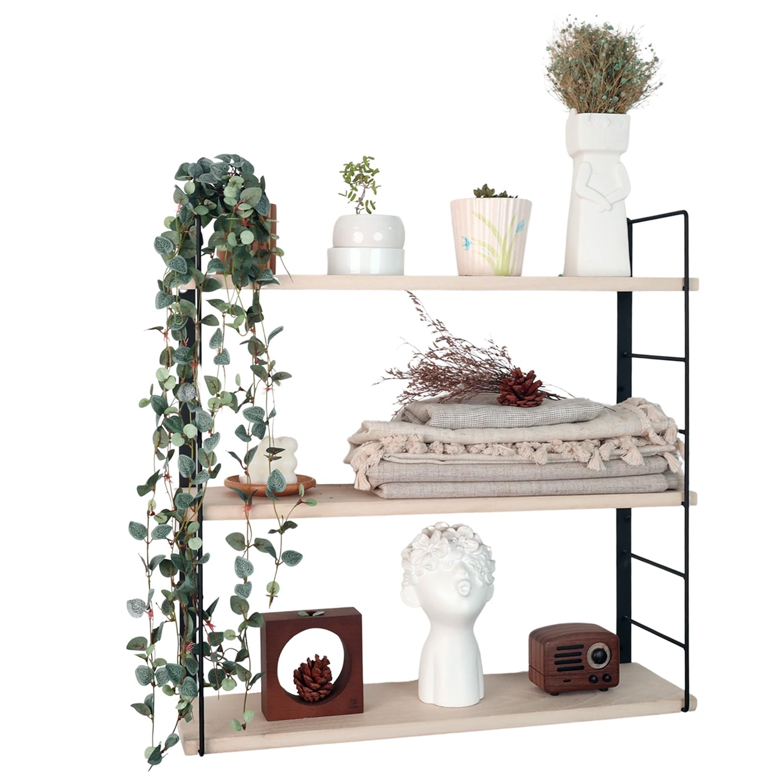 3 Tier Shelf White Wooden, Floating Shelves for Wall with Real Wood Planks Ea...