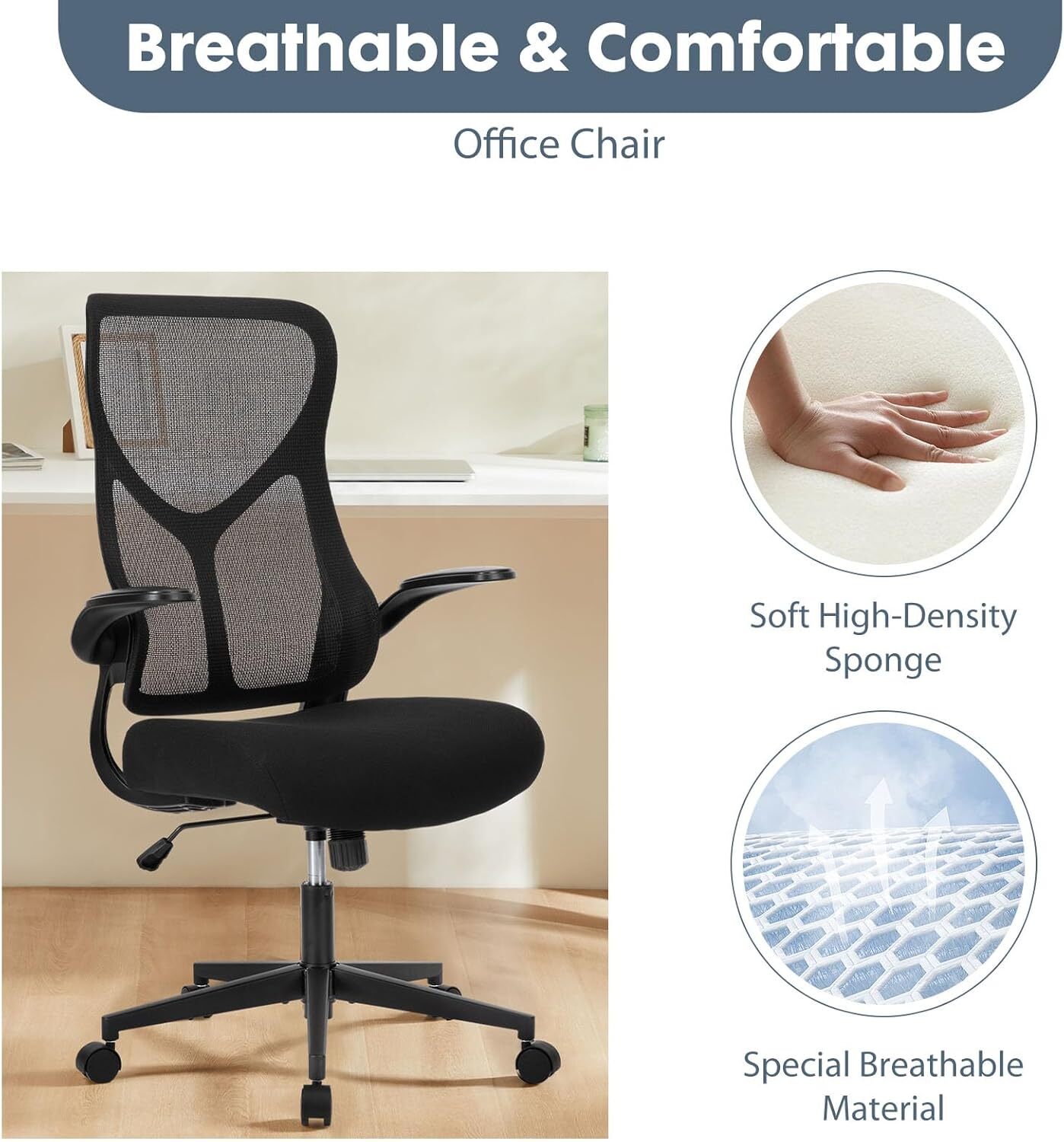 HOMEFLA Ergonomic Flip-up Arms Mesh Office Chair High Back Desk Chair with Wheel