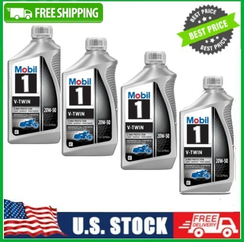 4 Pack Mobil 1 V-Twin Full Synthetic Motorcycle Oil 20W-50, 1 QT Pk