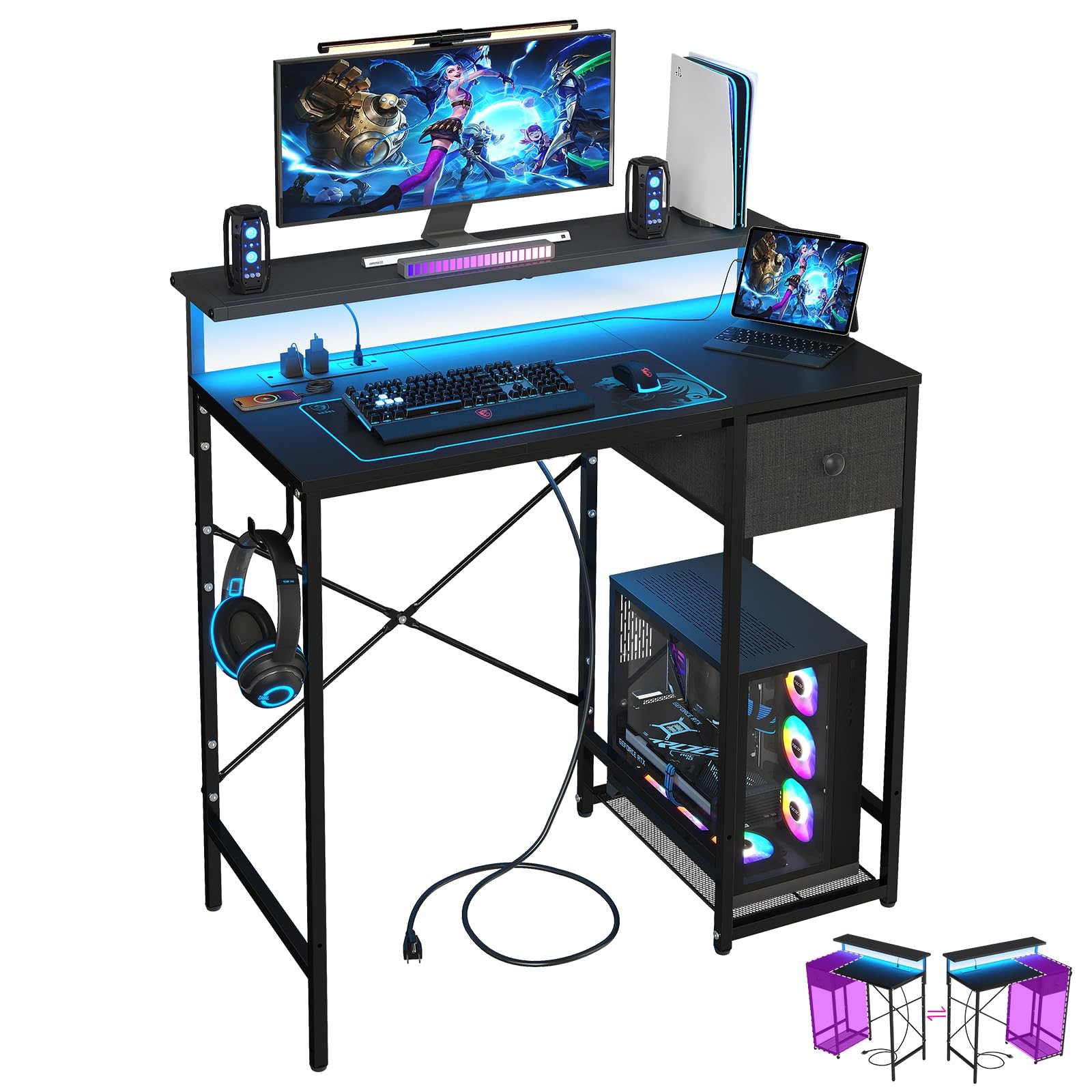 33.5" Small Gaming Desk with LED Lights & Long Monitor Stand, Compact Compute...