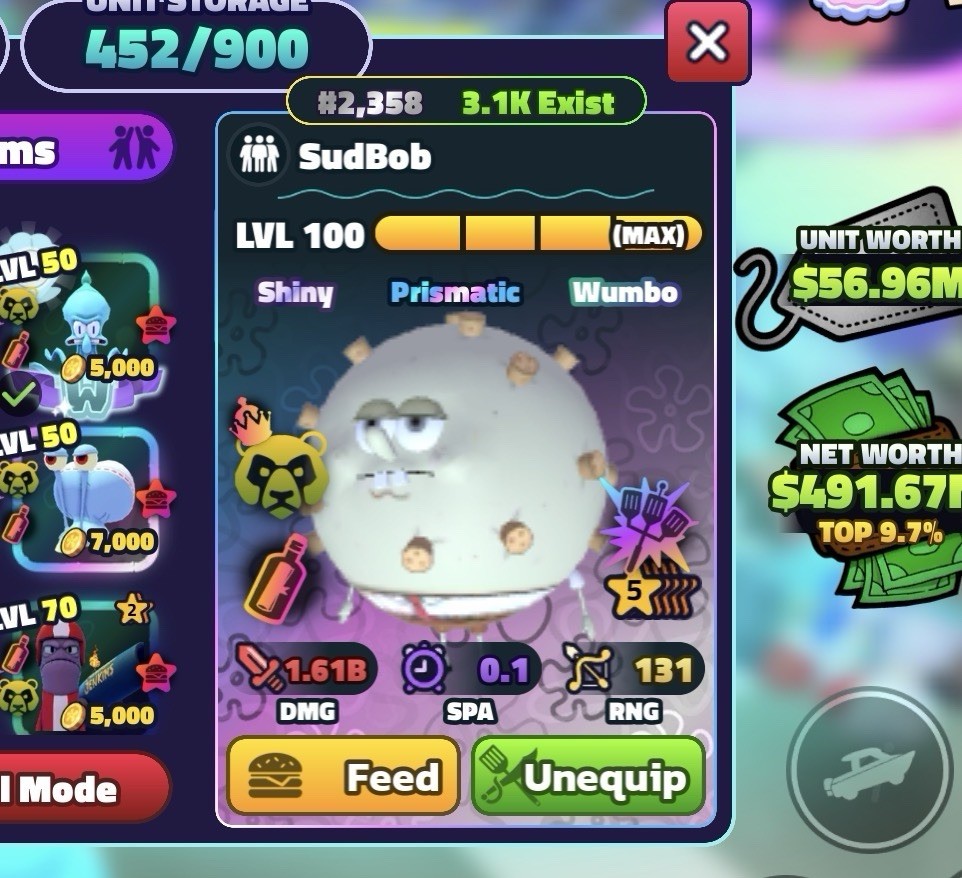 SudBob LVL 100 (MAX) Shiny Prismatic Wumbo Game Item/Asset #2,358