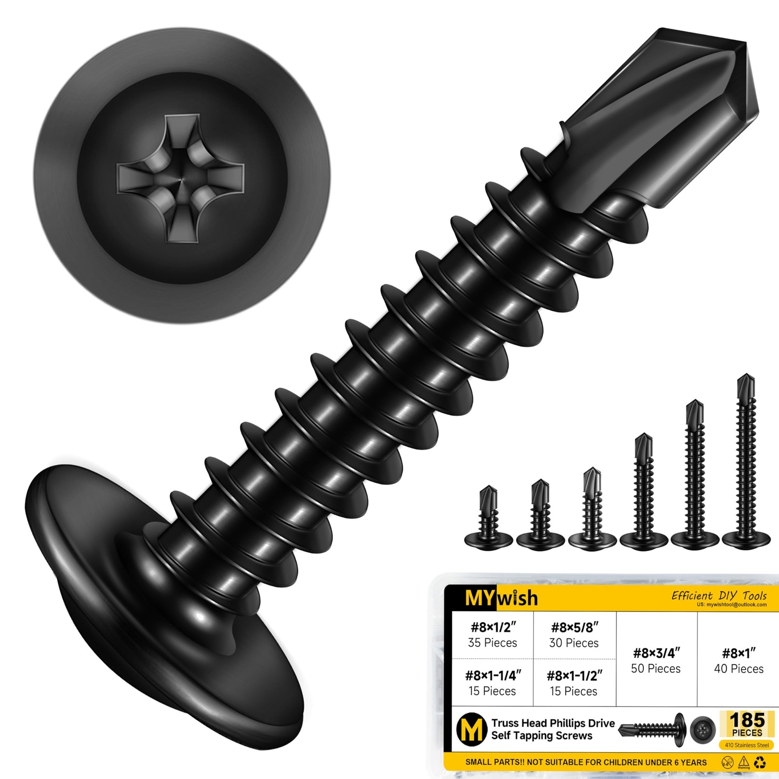Mywish 185 Pieces #8 Self Tapping Screws Assortment Kit for Metal, Length 1/2...