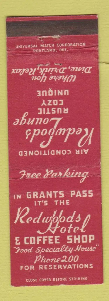 Matchbook Cover - Redwoods Hotel Grants Pass OR