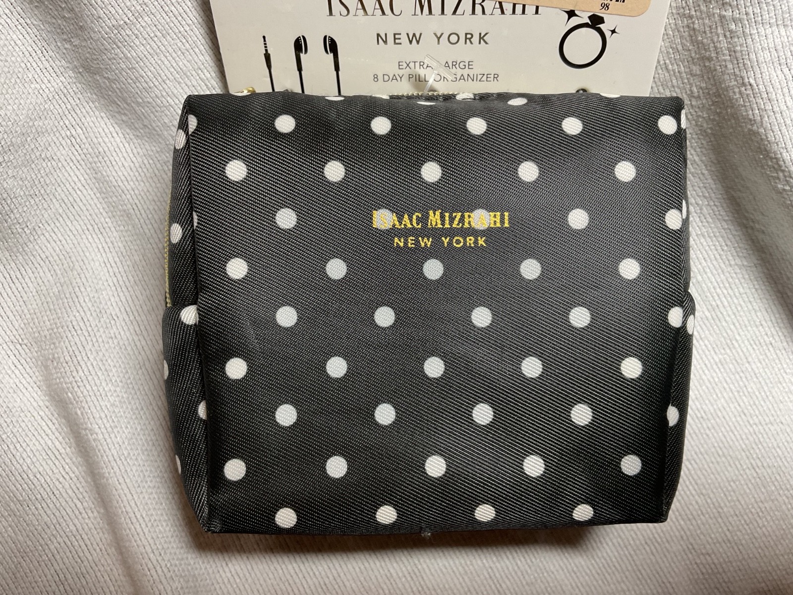 ISAAC MIZRAHI PILL CASE BLACK POLKA DOT 8 DAY PILL ORGANIZER 3  1/2 X 4 1 /2 NIP
