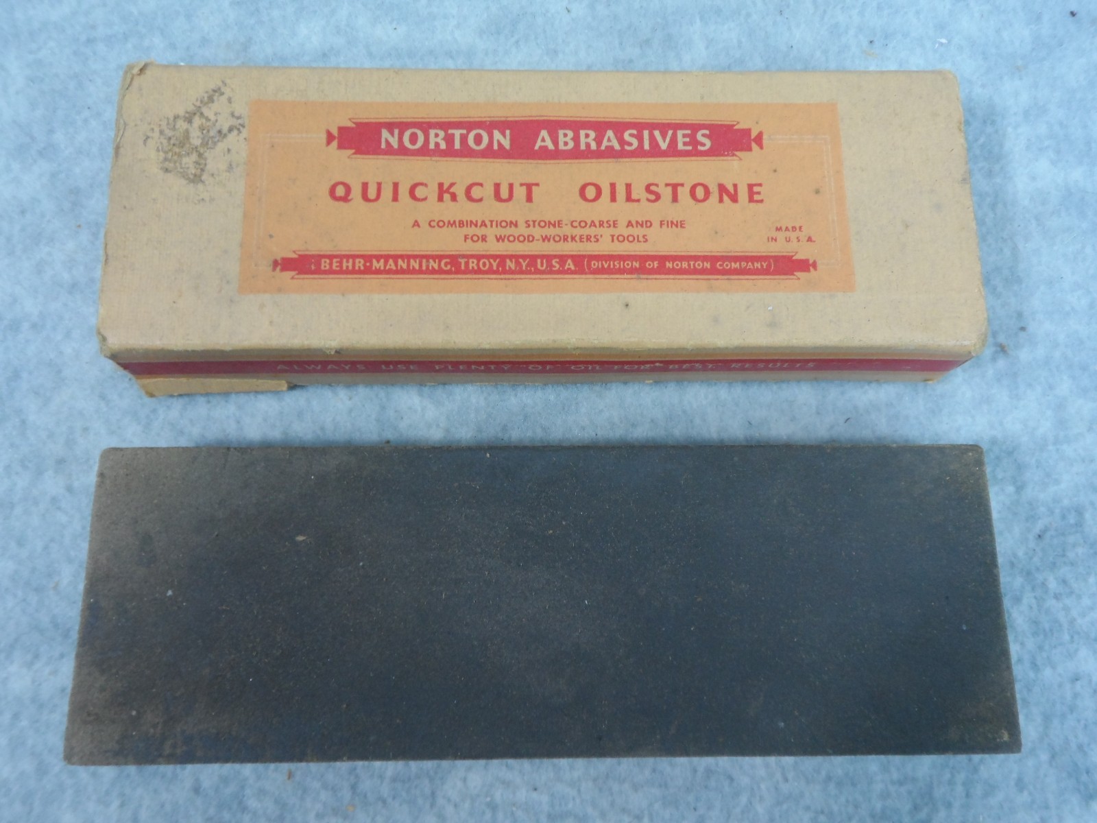 Norton Abrasives Quickcut Oilstone Behr Manning Troy NY Original Box UPB6