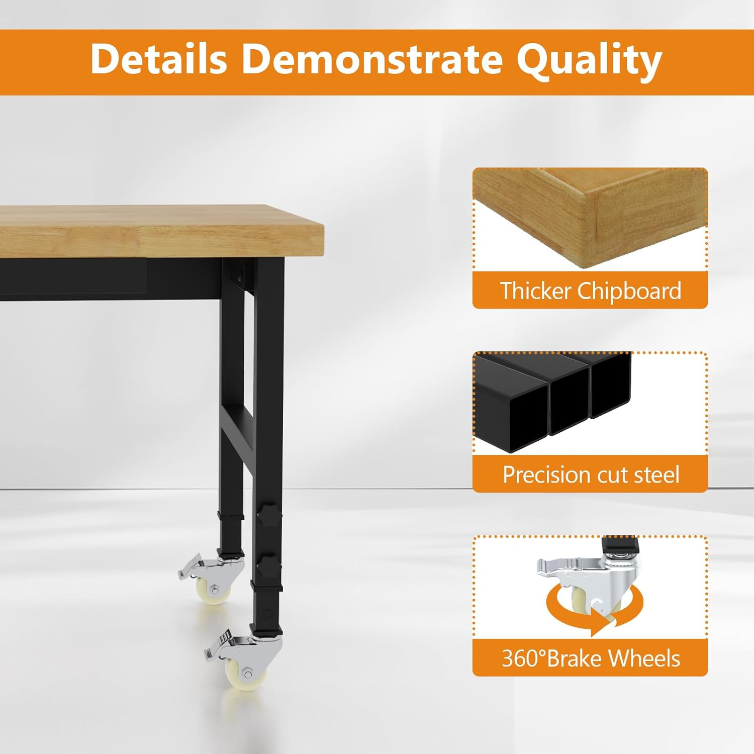 48" Heavy Duty Work Bench with Drawers, Adjustable Height Workbench with Wheels,