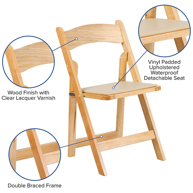 Natural Wood Folding Chair with Black Vinyl Padded Seat - Wedding Chair