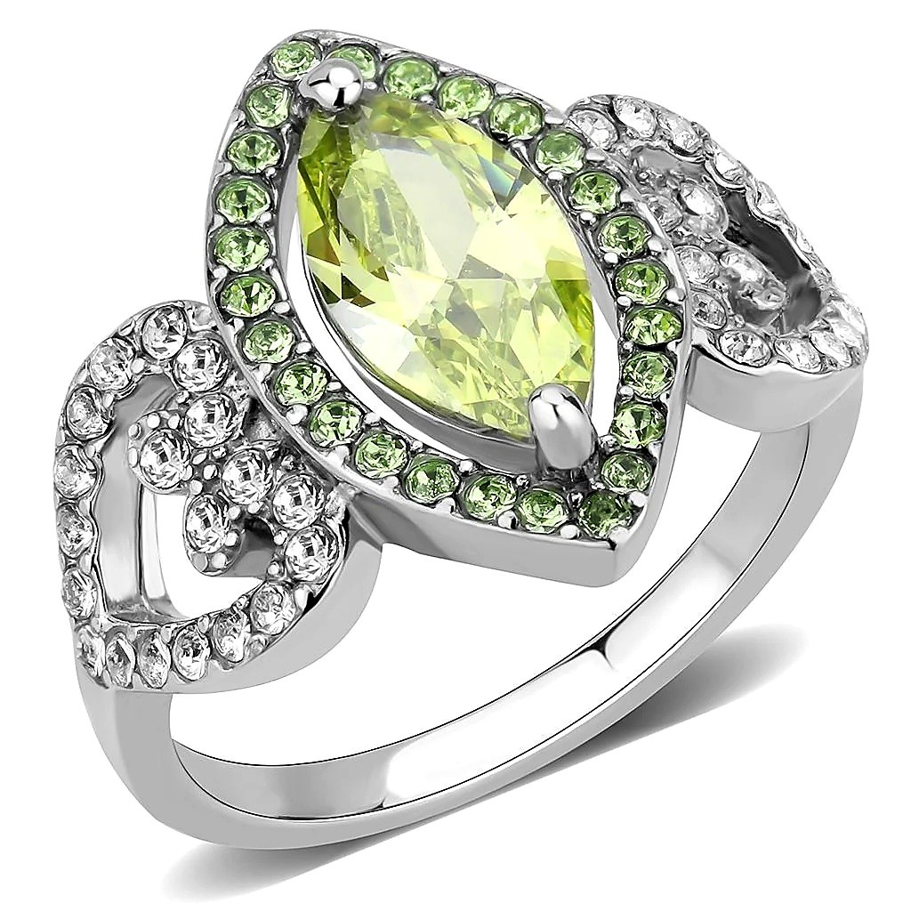 Women's Heart Ring, Apple Green CZ, Stainless Steel, Marquise