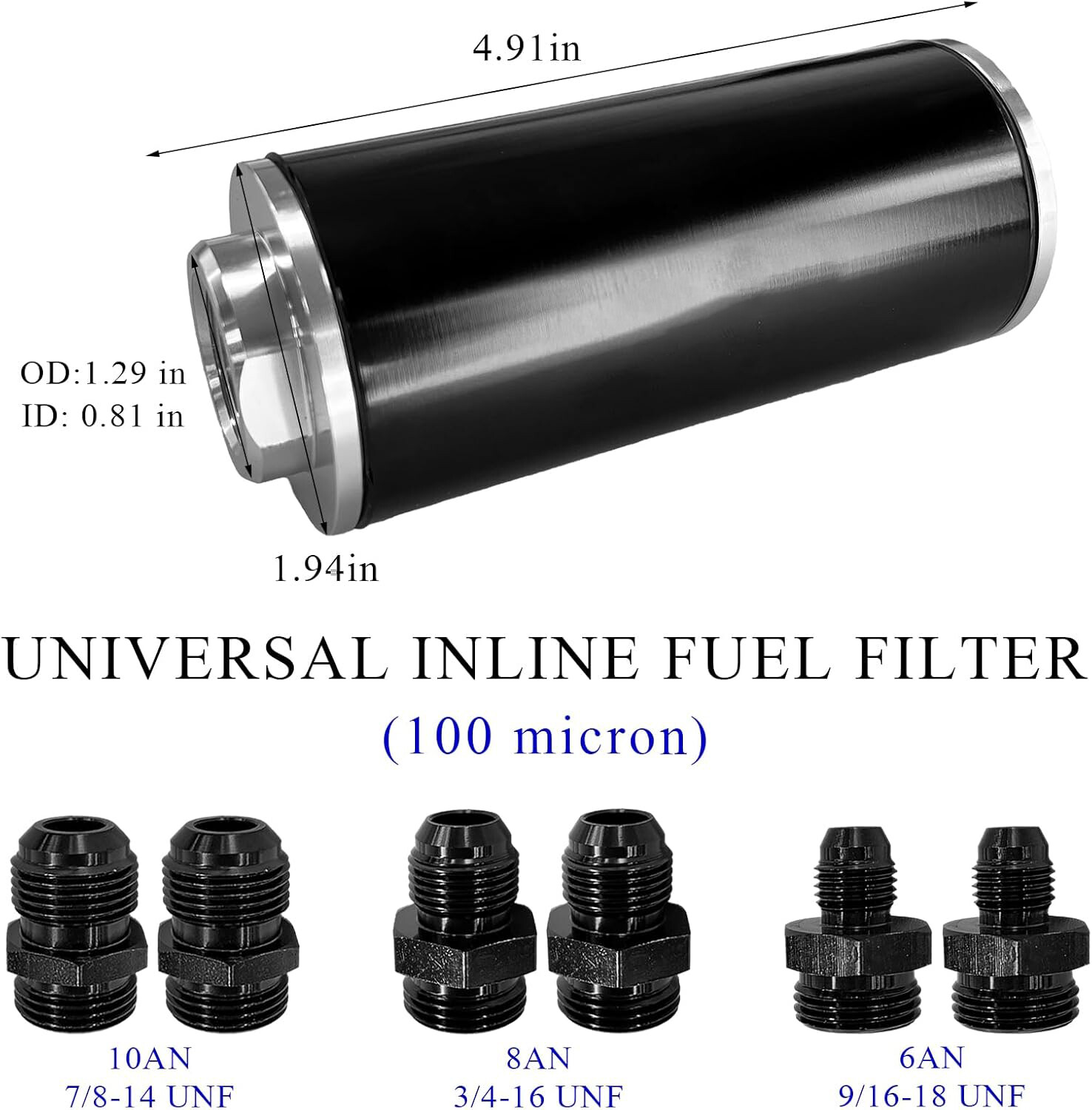 High Flow Inline Fuel Filter 100 Micron Cleanable 6AN 8AN 10AN Adapter Universal