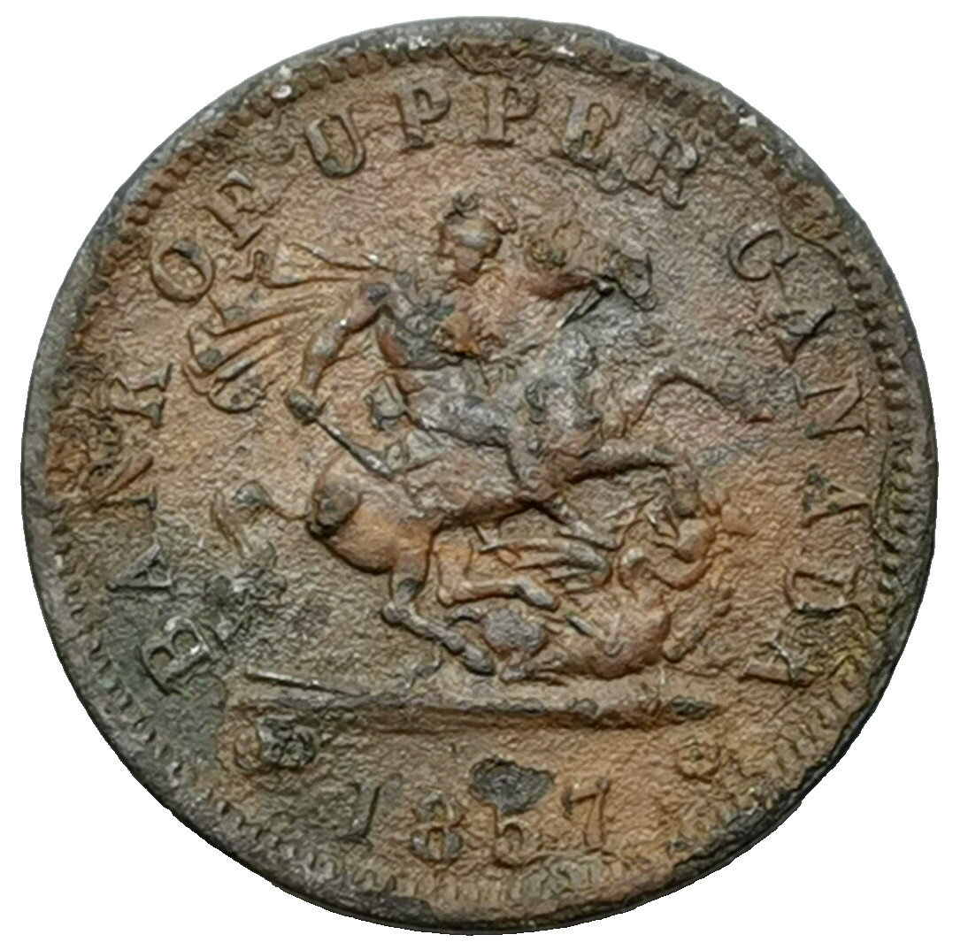 St. George slaying dragon/Great Seal 1 Penny Bank Token 1857 CANADA (963F)
