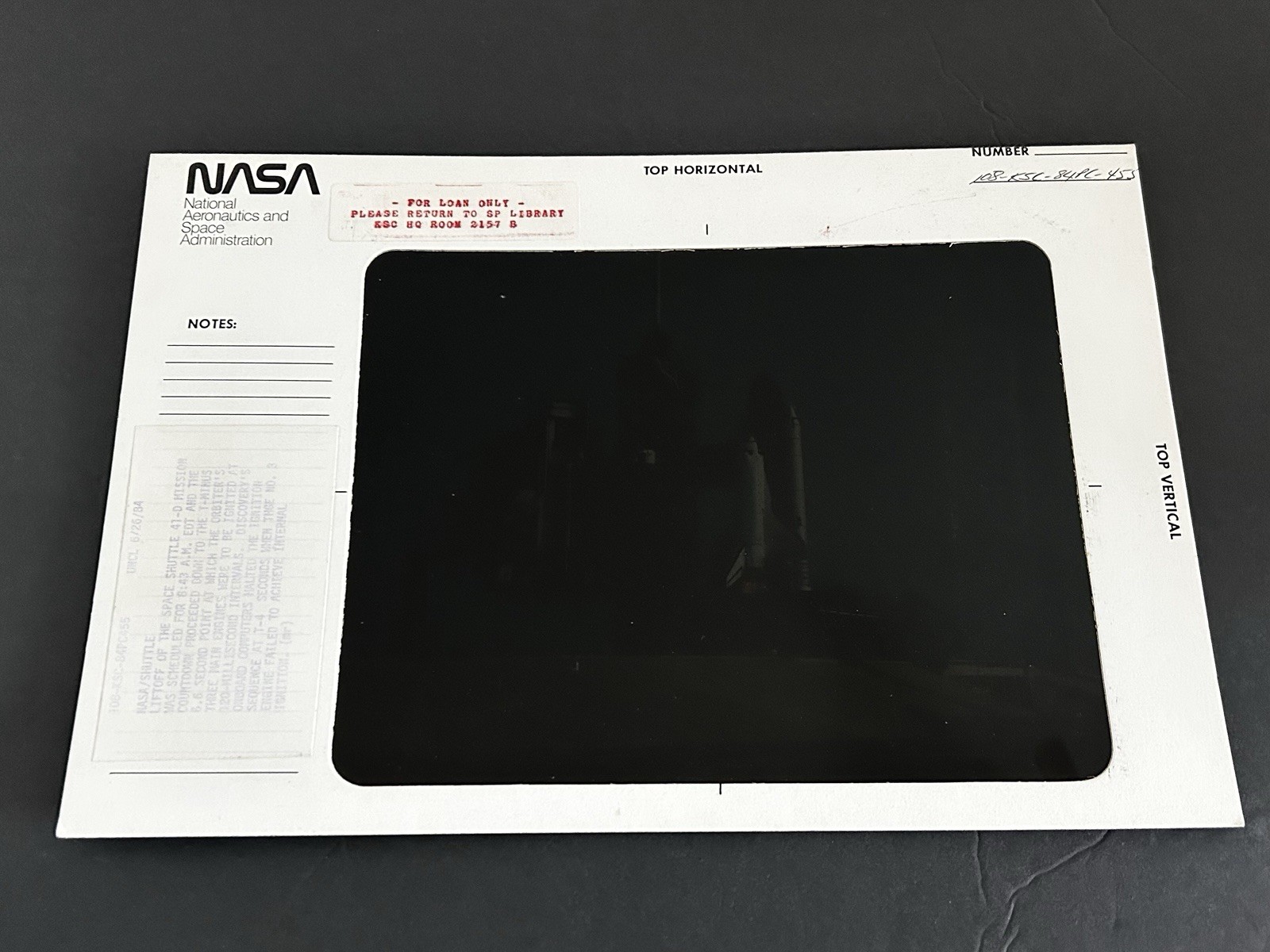 1984 NASA KSC Shuttle Discovery 41-D Mission Launchpad Presentation Transparency